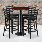 Jamie 30'' Round Mahogany Laminate Table Set with Round Base and 4 Ladder Back Metal Barstools - Black Vinyl Seat