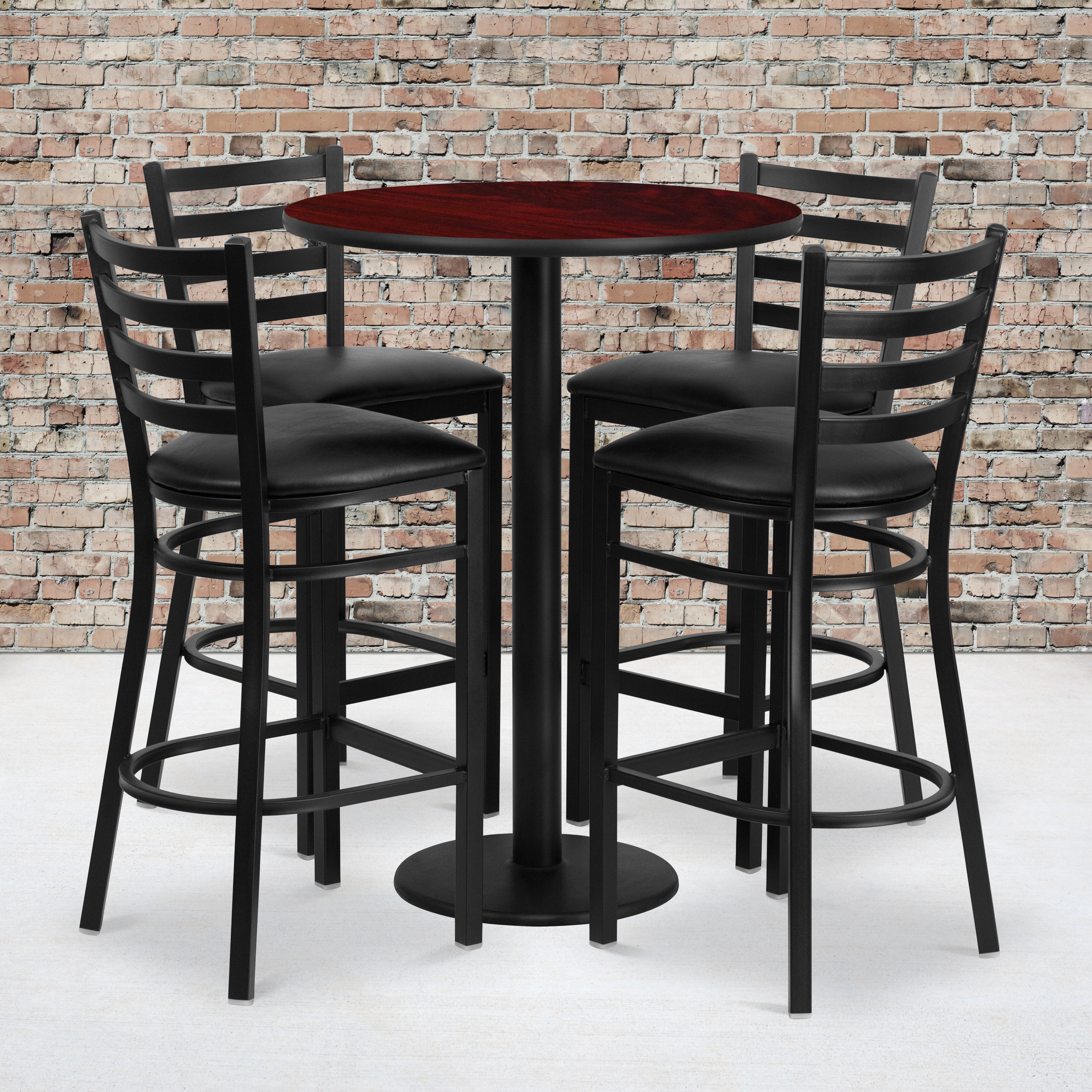 Jamie 30'' Round Mahogany Laminate Table Set with Round Base and 4 Ladder Back Metal Barstools - Black Vinyl Seat