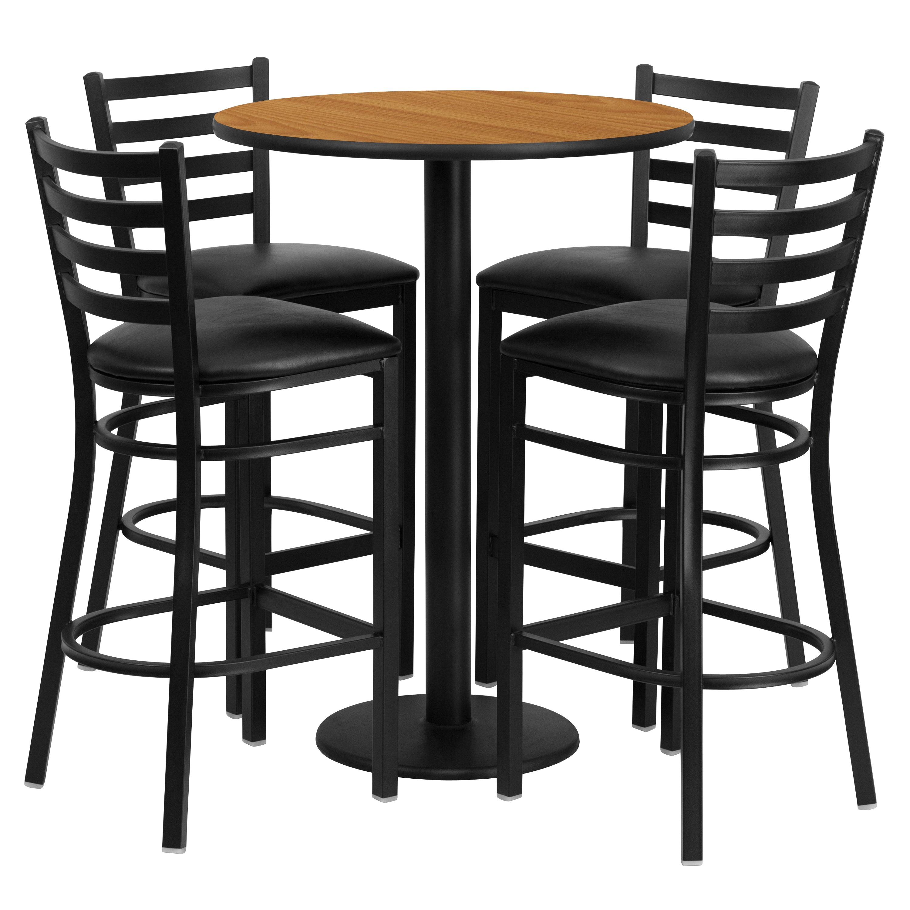 Jamie 30'' Round Natural Laminate Table Set with Round Base and 4 Ladder Back Metal Barstools - Black Vinyl Seat