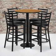 Jamie 30'' Round Natural Laminate Table Set with Round Base and 4 Ladder Back Metal Barstools - Black Vinyl Seat