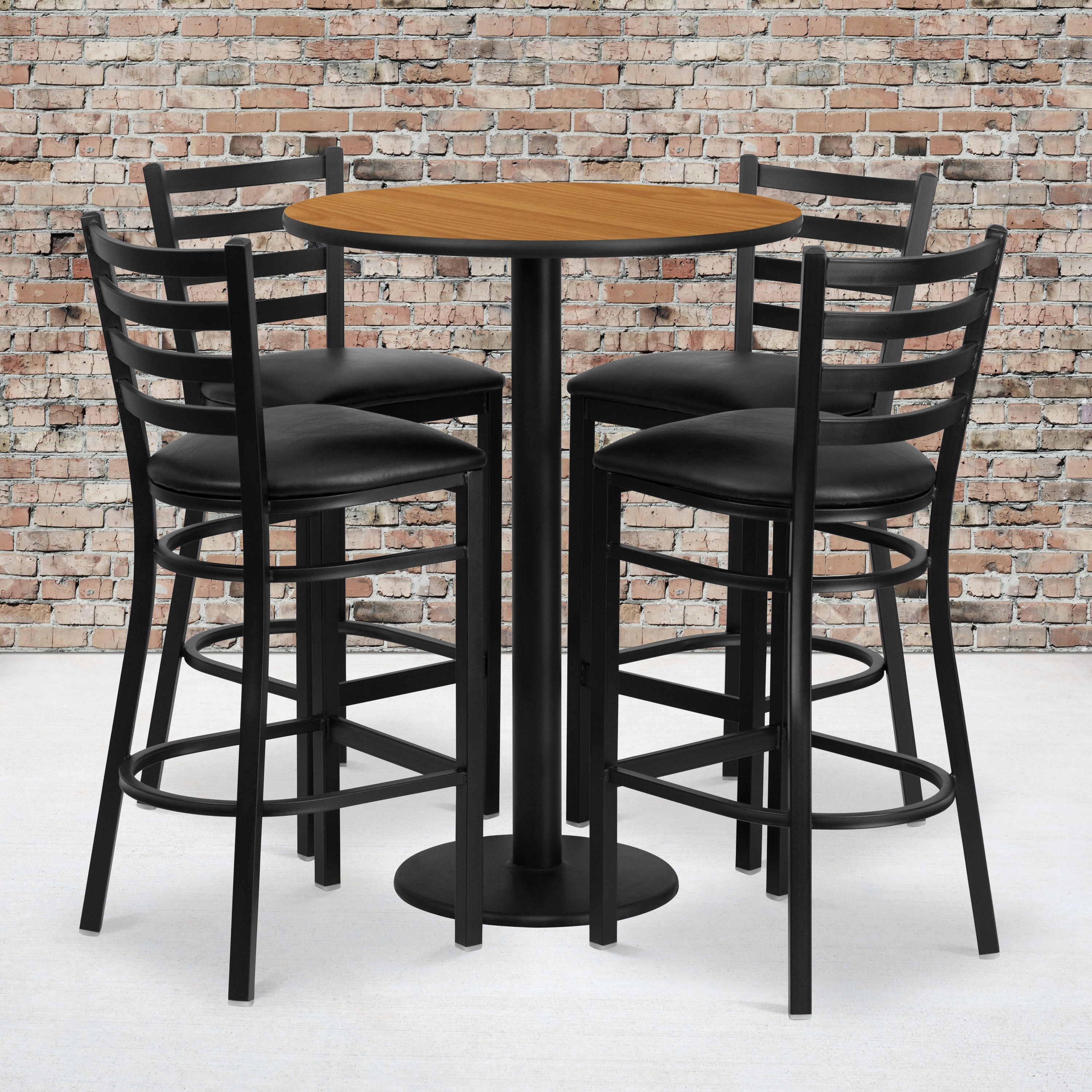 Jamie 30'' Round Natural Laminate Table Set with Round Base and 4 Ladder Back Metal Barstools - Black Vinyl Seat