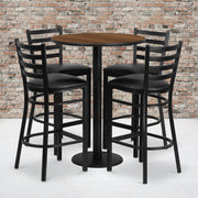 Jamie 30'' Round Walnut Laminate Table Set with Round Base and 4 Ladder Back Metal Barstools - Black Vinyl Seat