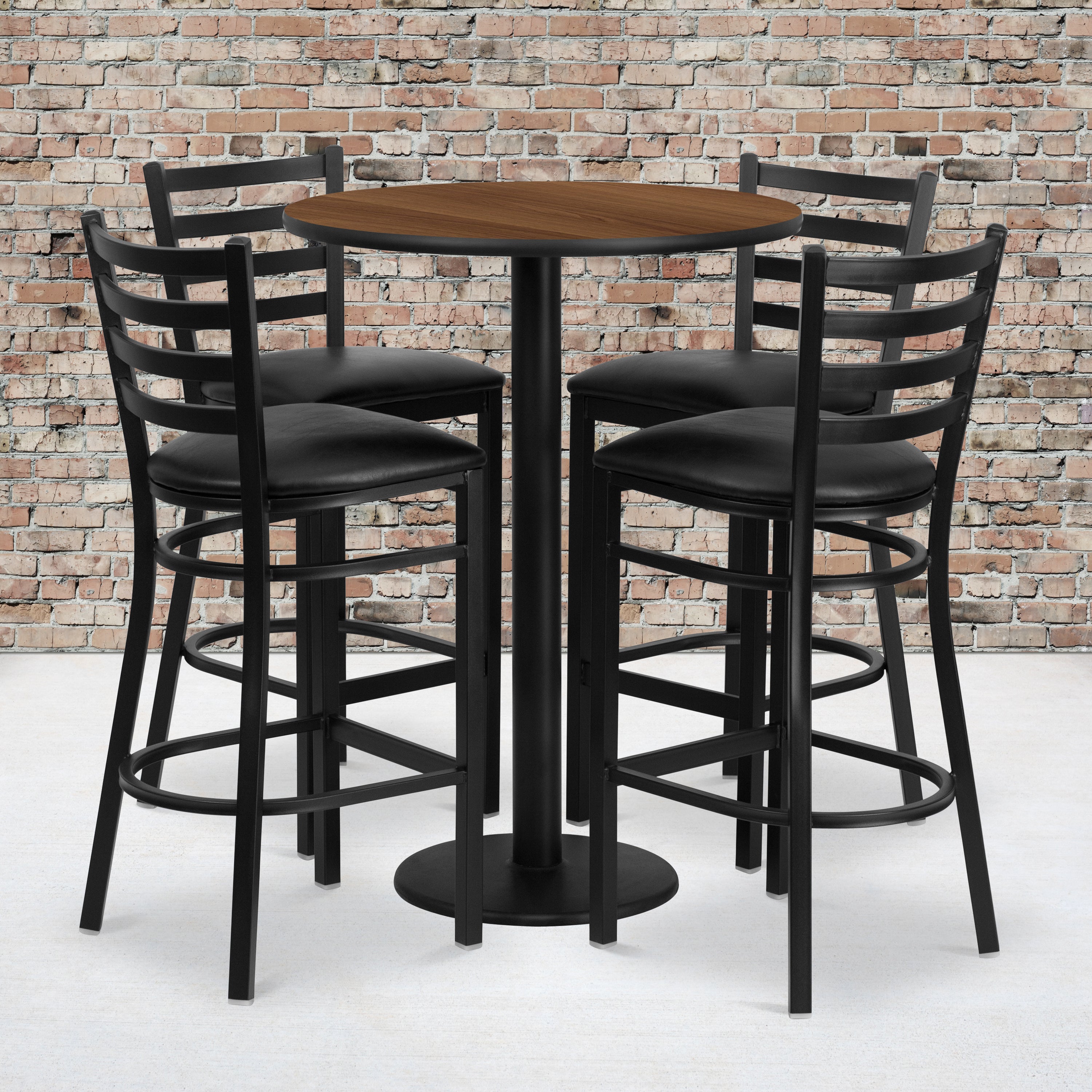 Jamie 30'' Round Walnut Laminate Table Set with Round Base and 4 Ladder Back Metal Barstools - Black Vinyl Seat