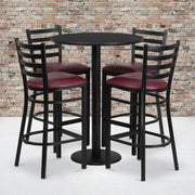 Jamie 30'' Round Black Laminate Table Set with Round Base and 4 Ladder Back Metal Barstools - Burgundy Vinyl Seat