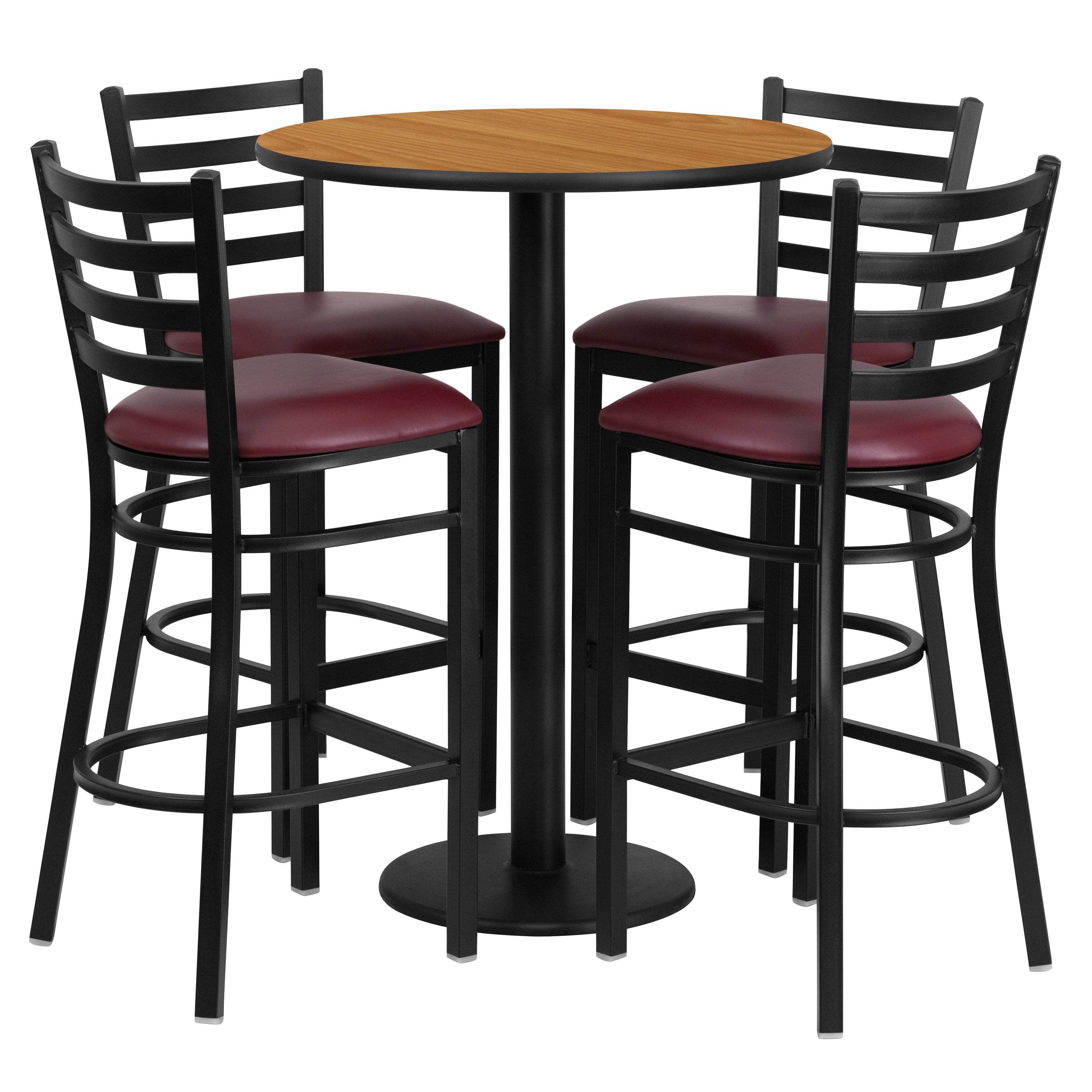 Jamie 30'' Round Natural Laminate Table Set with Round Base and 4 Ladder Back Metal Barstools - Burgundy Vinyl Seat