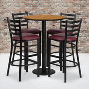 Jamie 30'' Round Natural Laminate Table Set with Round Base and 4 Ladder Back Metal Barstools - Burgundy Vinyl Seat