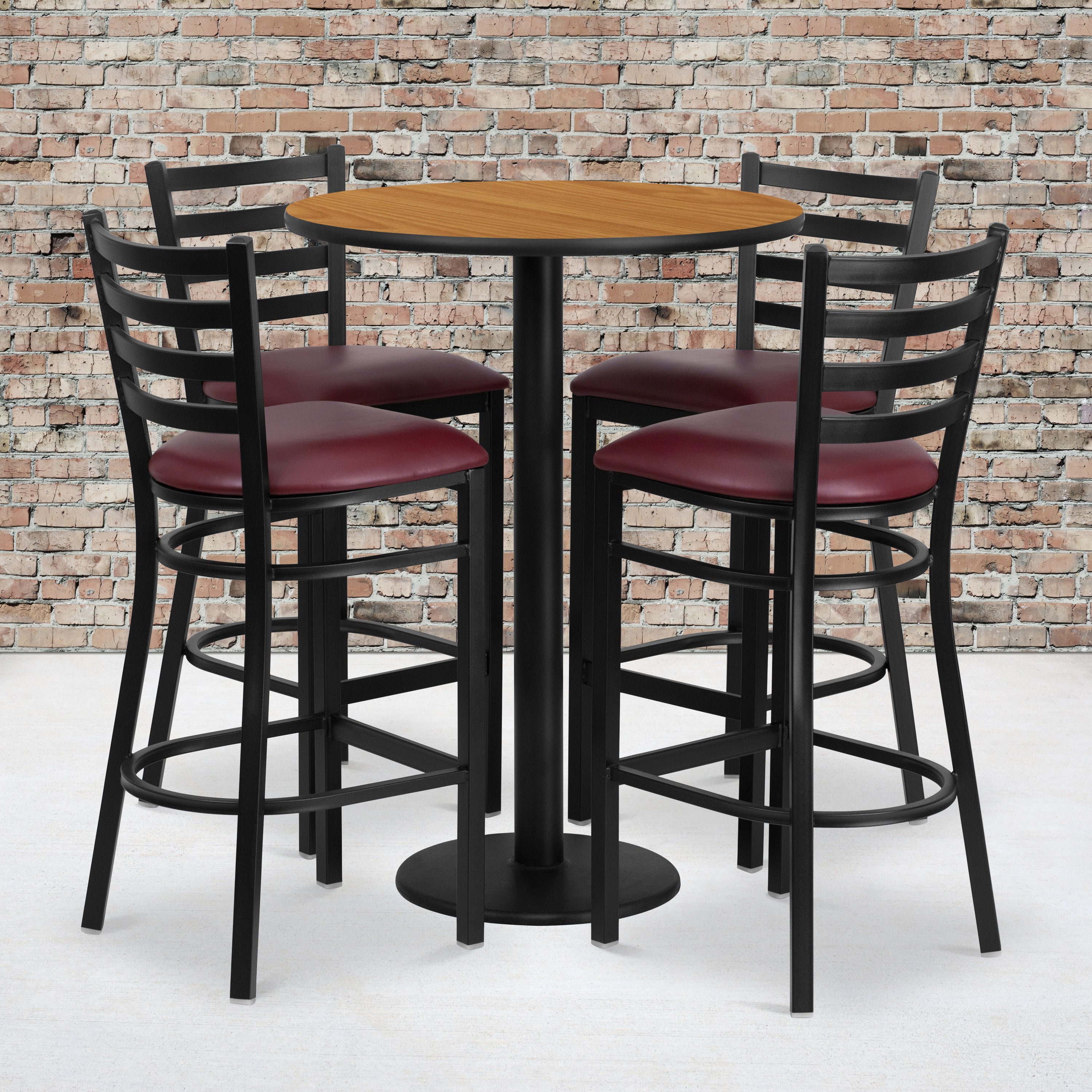 Jamie 30'' Round Natural Laminate Table Set with Round Base and 4 Ladder Back Metal Barstools - Burgundy Vinyl Seat