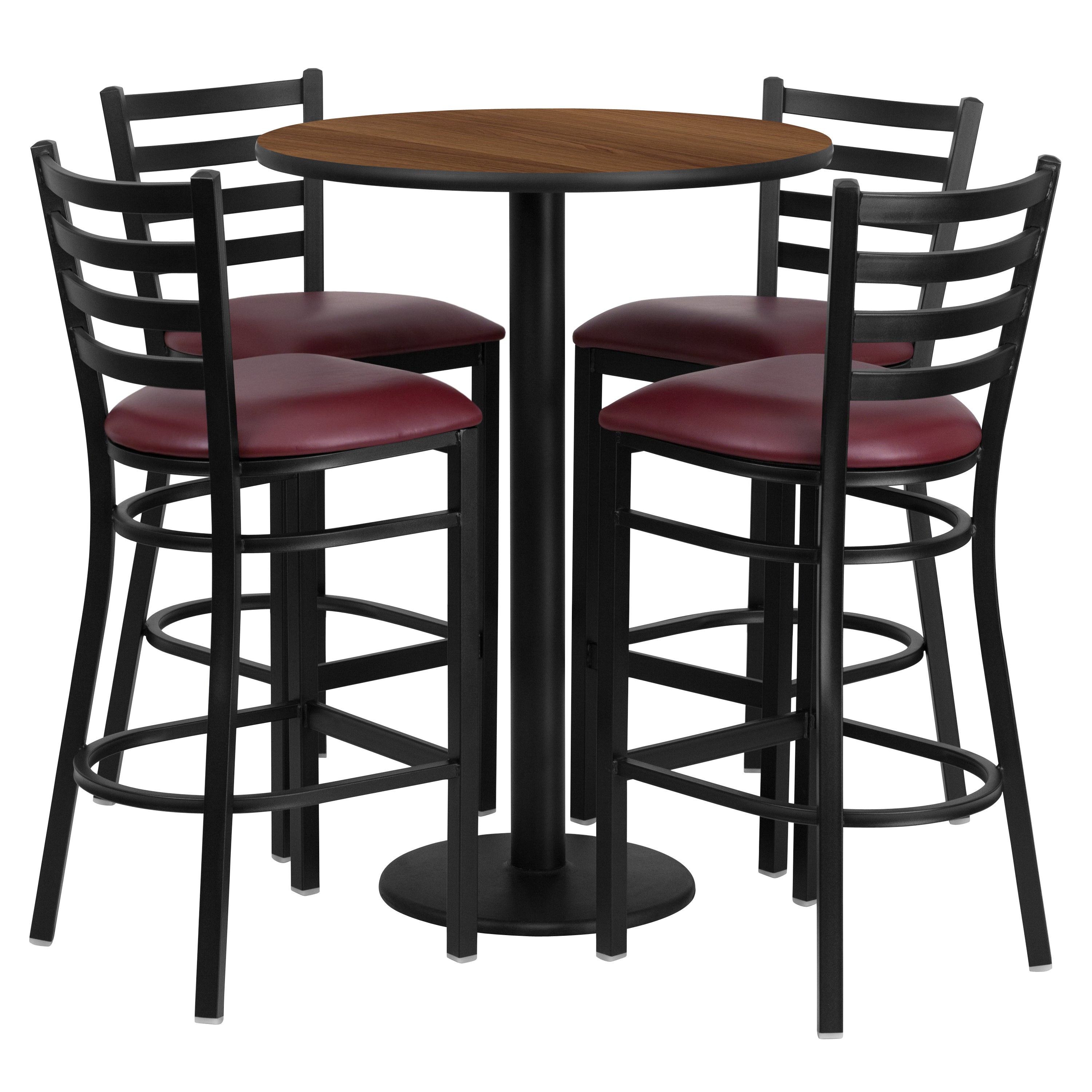 Jamie 30'' Round Walnut Laminate Table Set with Round Base and 4 Ladder Back Metal Barstools - Burgundy Vinyl Seat