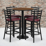 Jamie 30'' Round Walnut Laminate Table Set with Round Base and 4 Ladder Back Metal Barstools - Burgundy Vinyl Seat