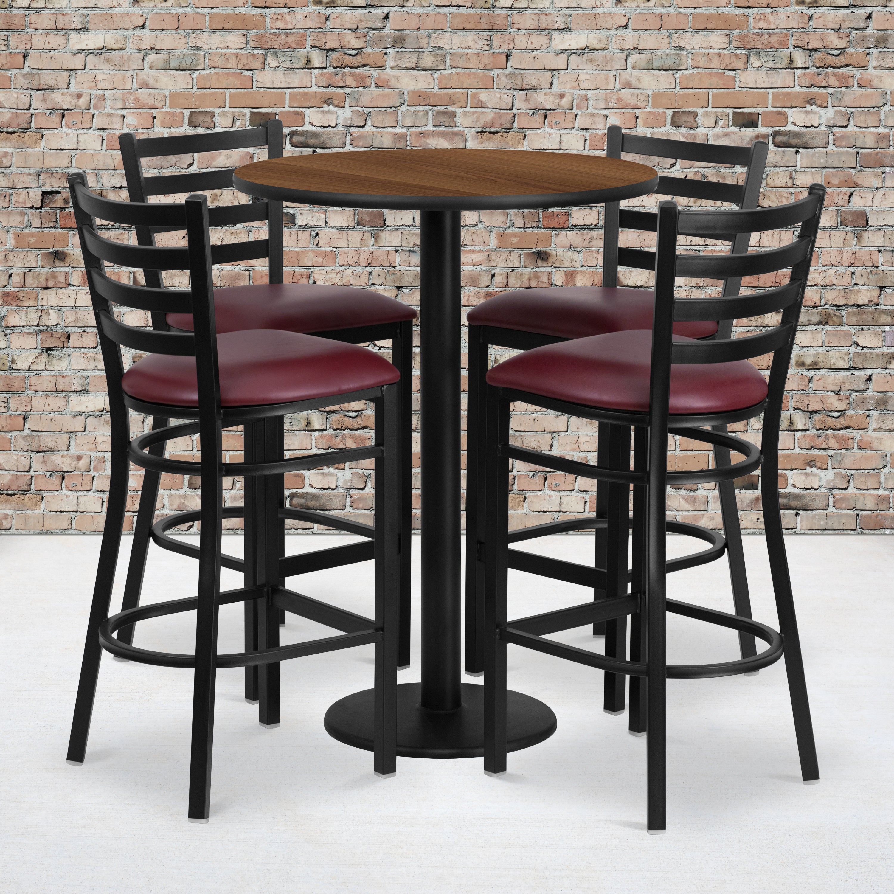 Jamie 30'' Round Walnut Laminate Table Set with Round Base and 4 Ladder Back Metal Barstools - Burgundy Vinyl Seat
