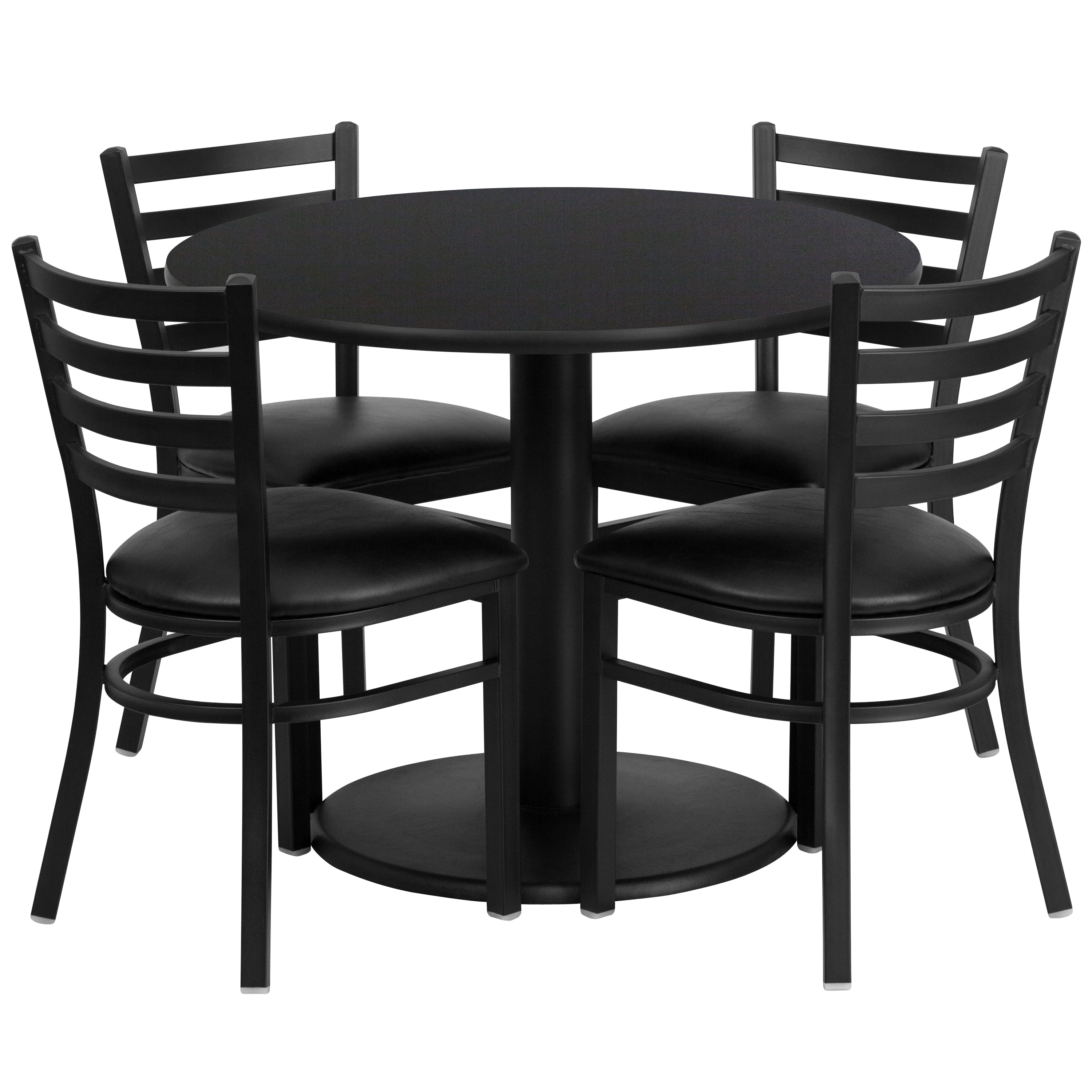 Jamie 36'' Round Black Laminate Table Set with Round Base and 4 Ladder Back Metal Chairs - Black Vinyl Seat