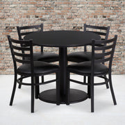 Jamie 36'' Round Black Laminate Table Set with Round Base and 4 Ladder Back Metal Chairs - Black Vinyl Seat