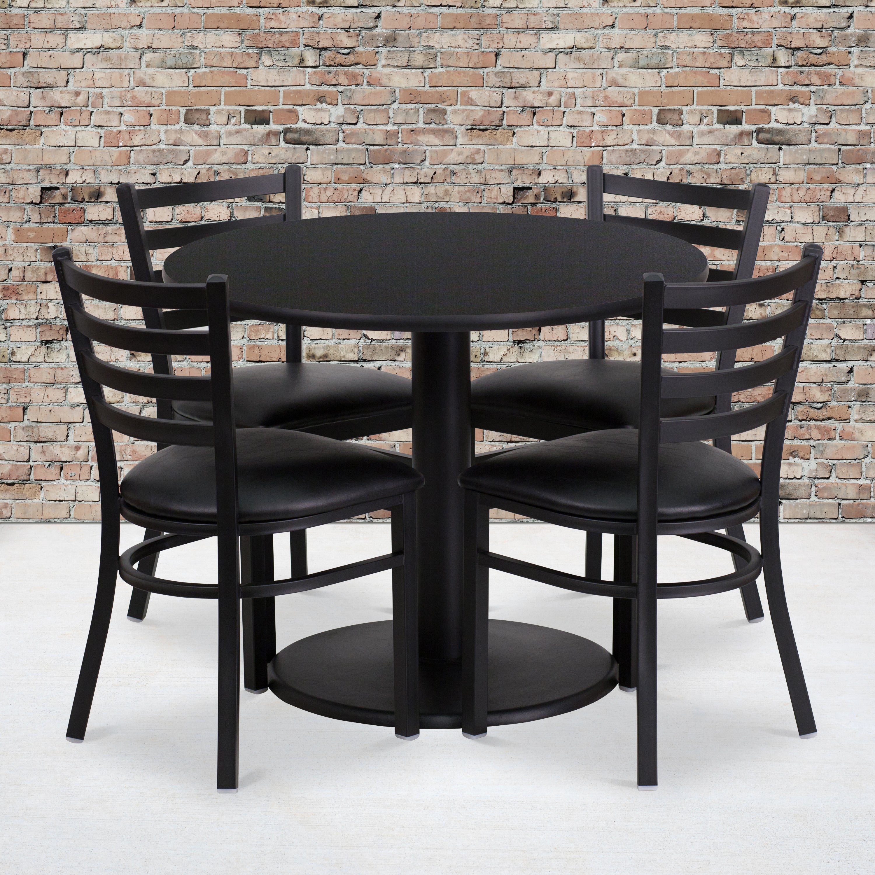 Jamie 36'' Round Black Laminate Table Set with Round Base and 4 Ladder Back Metal Chairs - Black Vinyl Seat