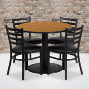 Jamie 36'' Round Natural Laminate Table Set with Round Base and 4 Ladder Back Metal Chairs - Black Vinyl Seat