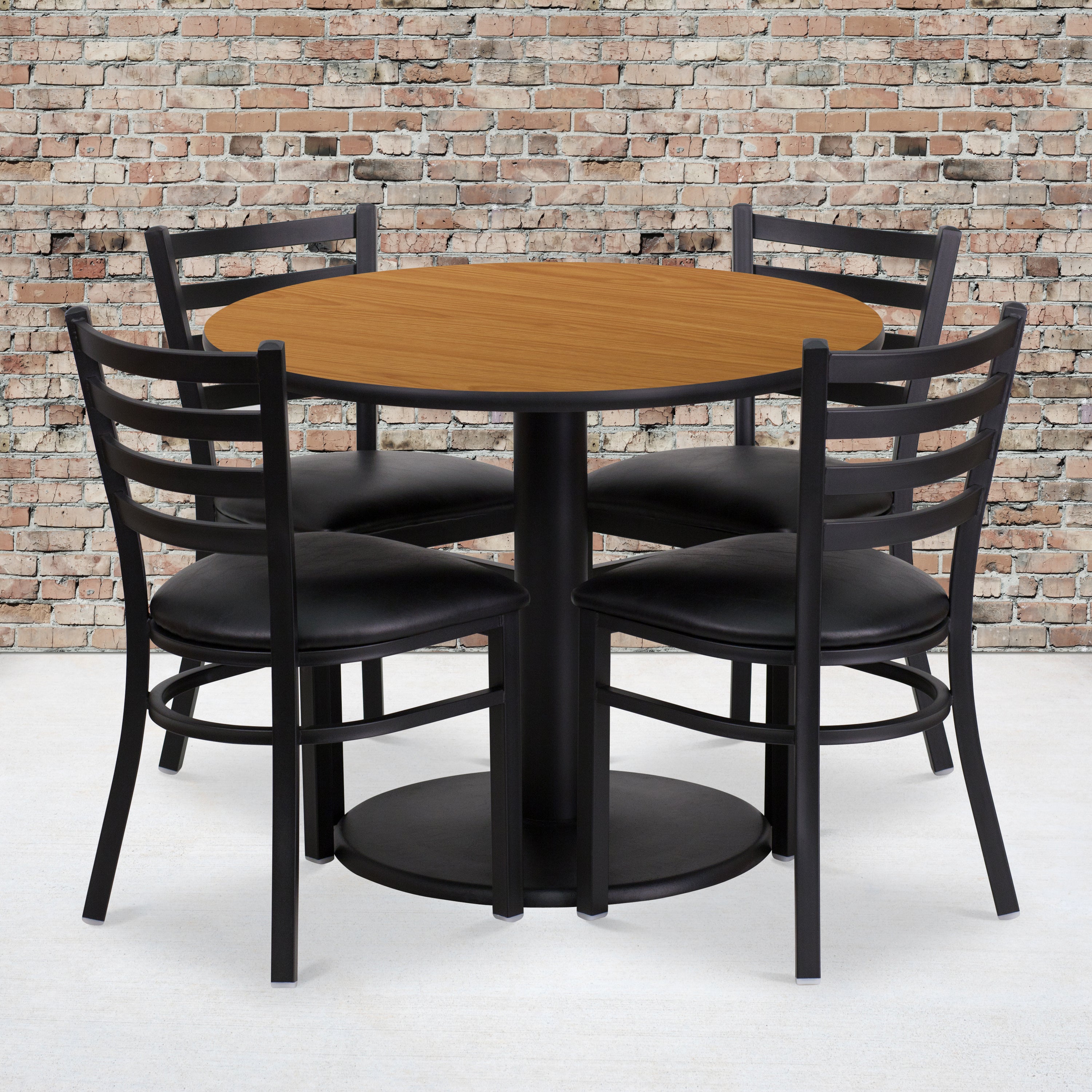 Jamie 36'' Round Natural Laminate Table Set with Round Base and 4 Ladder Back Metal Chairs - Black Vinyl Seat