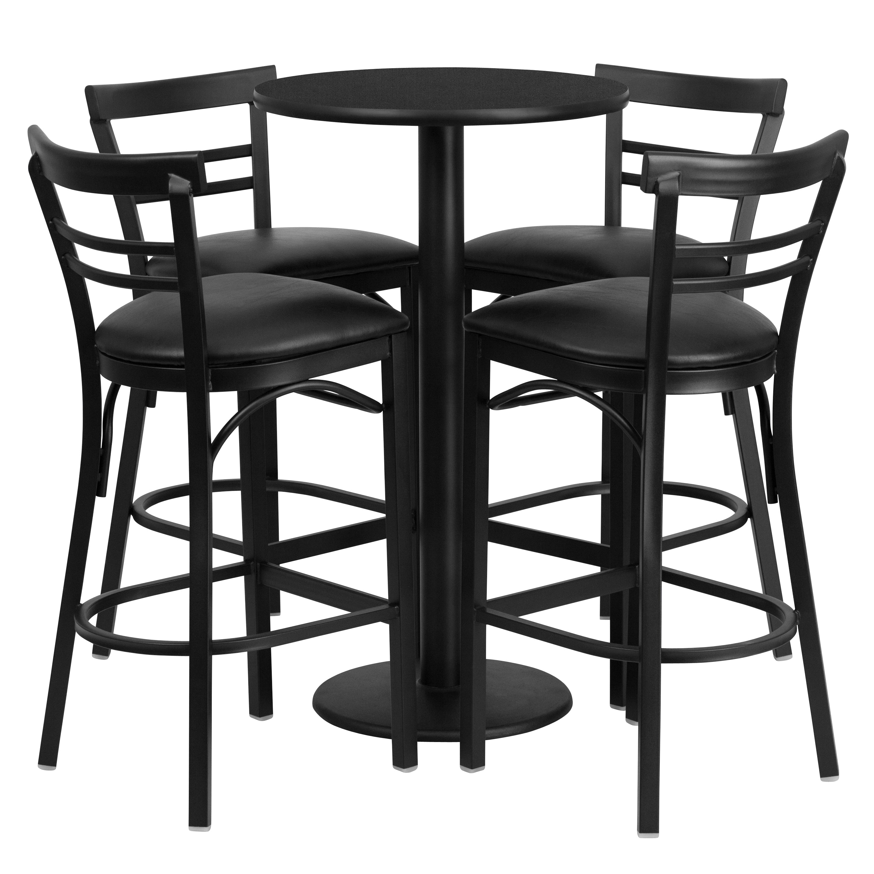 Jamie 24'' Round Black Laminate Table Set with Round Base and 4 Two-Slat Ladder Back Metal Barstools - Black Vinyl Seat