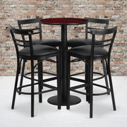 Jamie 24'' Round Mahogany Laminate Table Set with Round Base and 4 Two-Slat Ladder Back Metal Barstools - Black Vinyl Seat