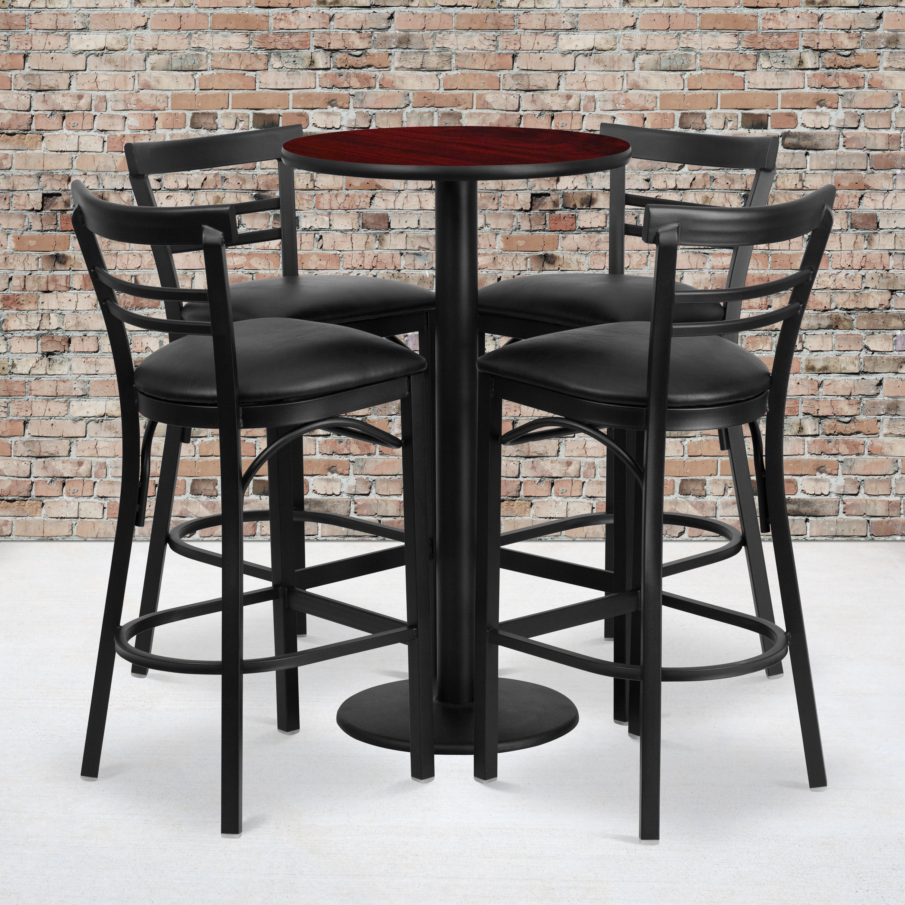 Jamie 24'' Round Mahogany Laminate Table Set with Round Base and 4 Two-Slat Ladder Back Metal Barstools - Black Vinyl Seat