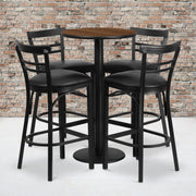 Jamie 24'' Round Walnut Laminate Table Set with Round Base and 4 Two-Slat Ladder Back Metal Barstools - Black Vinyl Seat