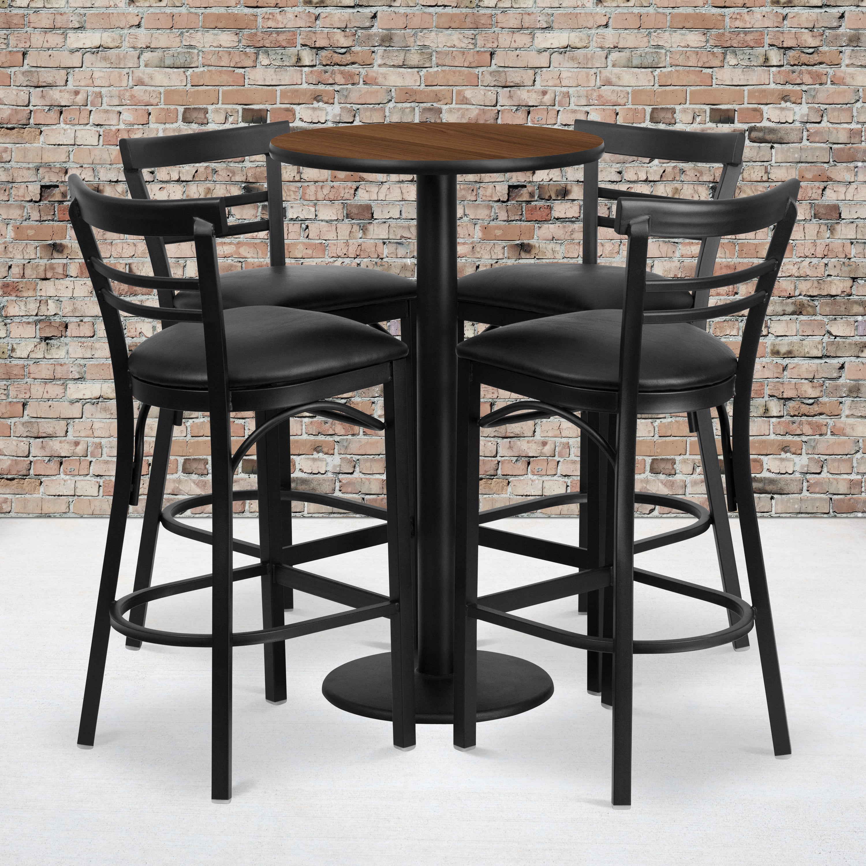 Jamie 24'' Round Walnut Laminate Table Set with Round Base and 4 Two-Slat Ladder Back Metal Barstools - Black Vinyl Seat