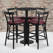 Jamie 24'' Round Black Laminate Table Set with Round Base and 4 Two-Slat Ladder Back Metal Barstools - Burgundy Vinyl Seat