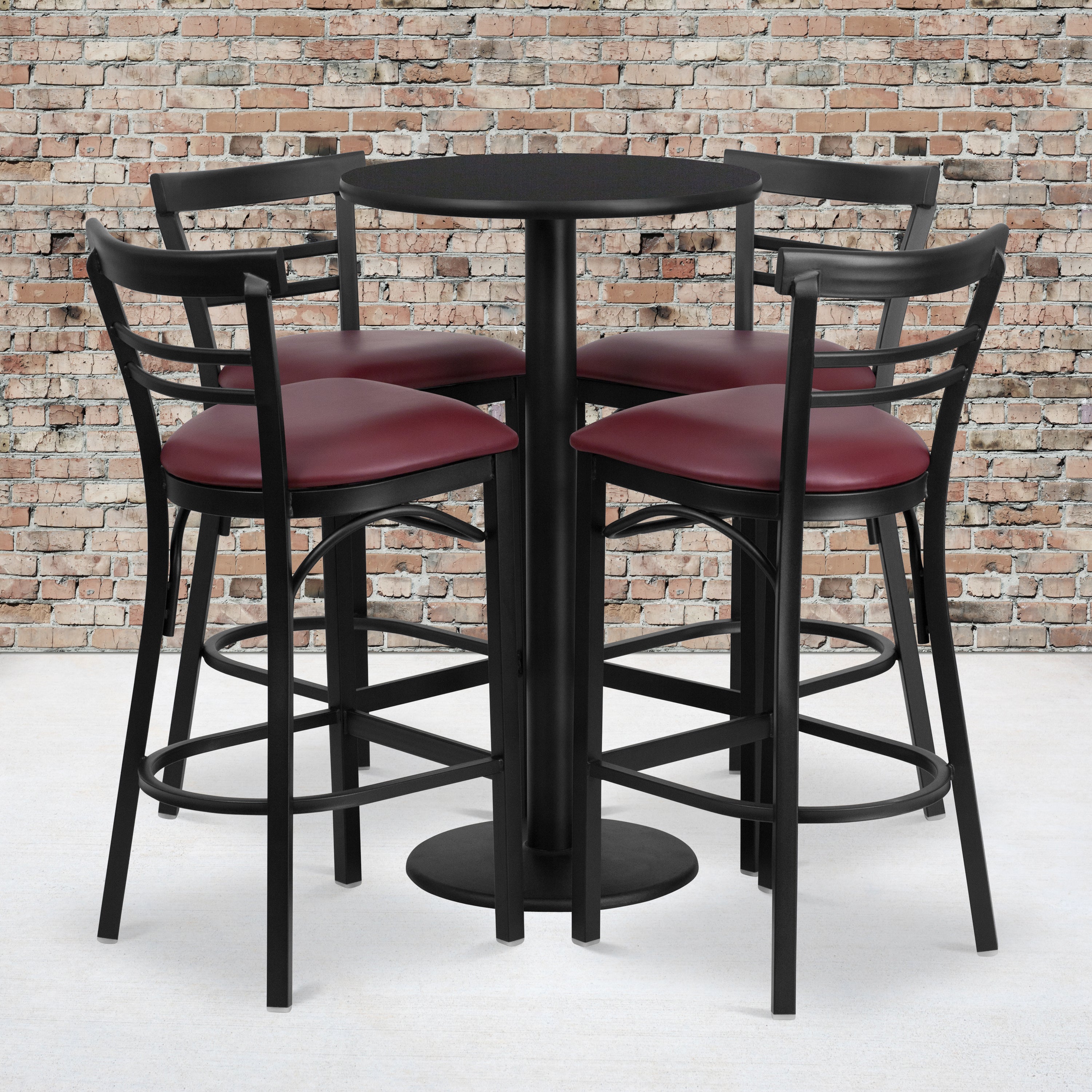 Jamie 24'' Round Black Laminate Table Set with Round Base and 4 Two-Slat Ladder Back Metal Barstools - Burgundy Vinyl Seat