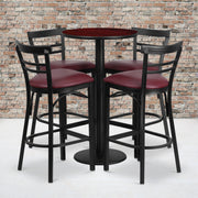 Jamie 24'' Round Mahogany Laminate Table Set with Round Base and 4 Two-Slat Ladder Back Metal Barstools - Burgundy Vinyl Seat