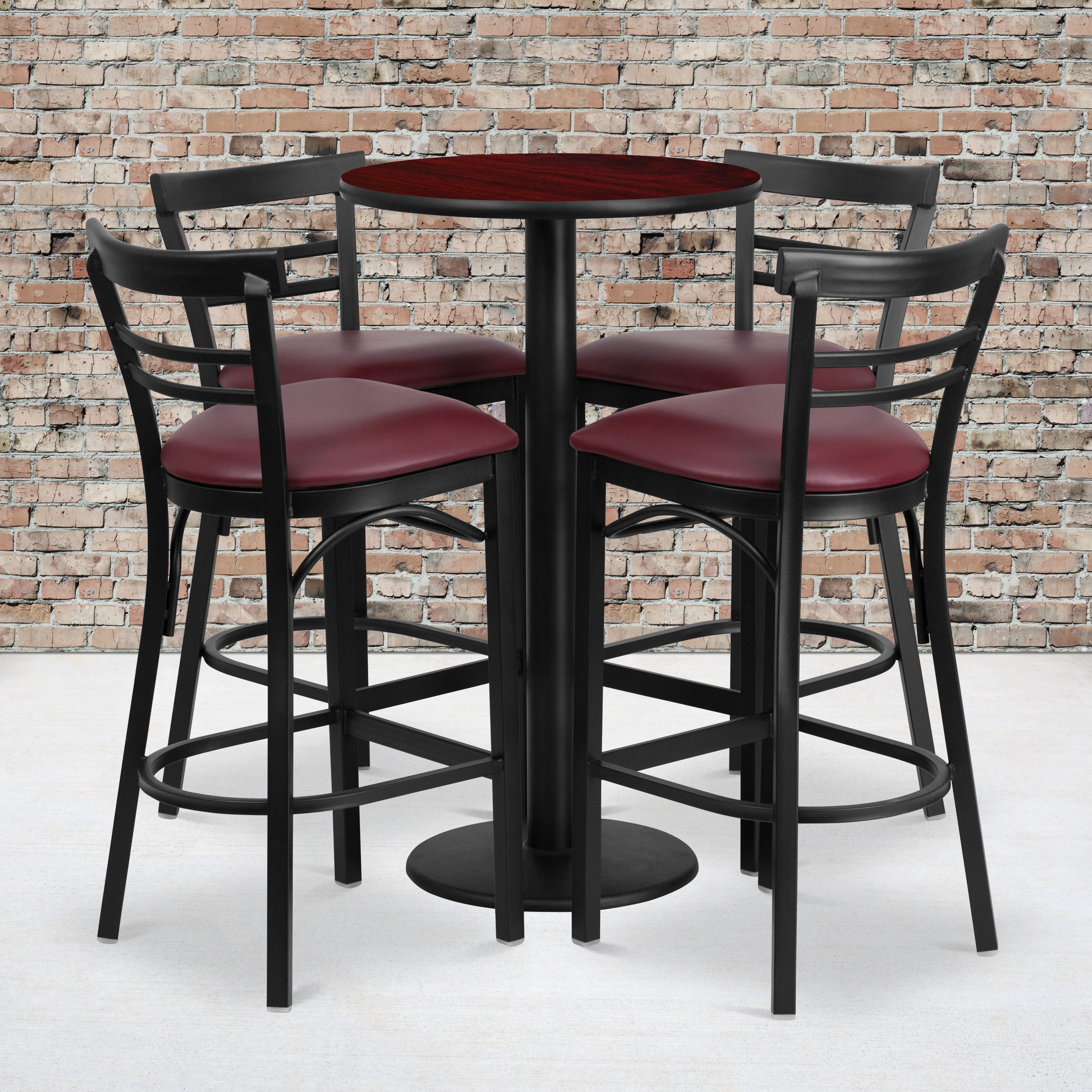 Jamie 24'' Round Mahogany Laminate Table Set with Round Base and 4 Two-Slat Ladder Back Metal Barstools - Burgundy Vinyl Seat