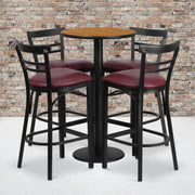 Jamie 24'' Round Natural Laminate Table Set with Round Base and 4 Two-Slat Ladder Back Metal Barstools - Burgundy Vinyl Seat