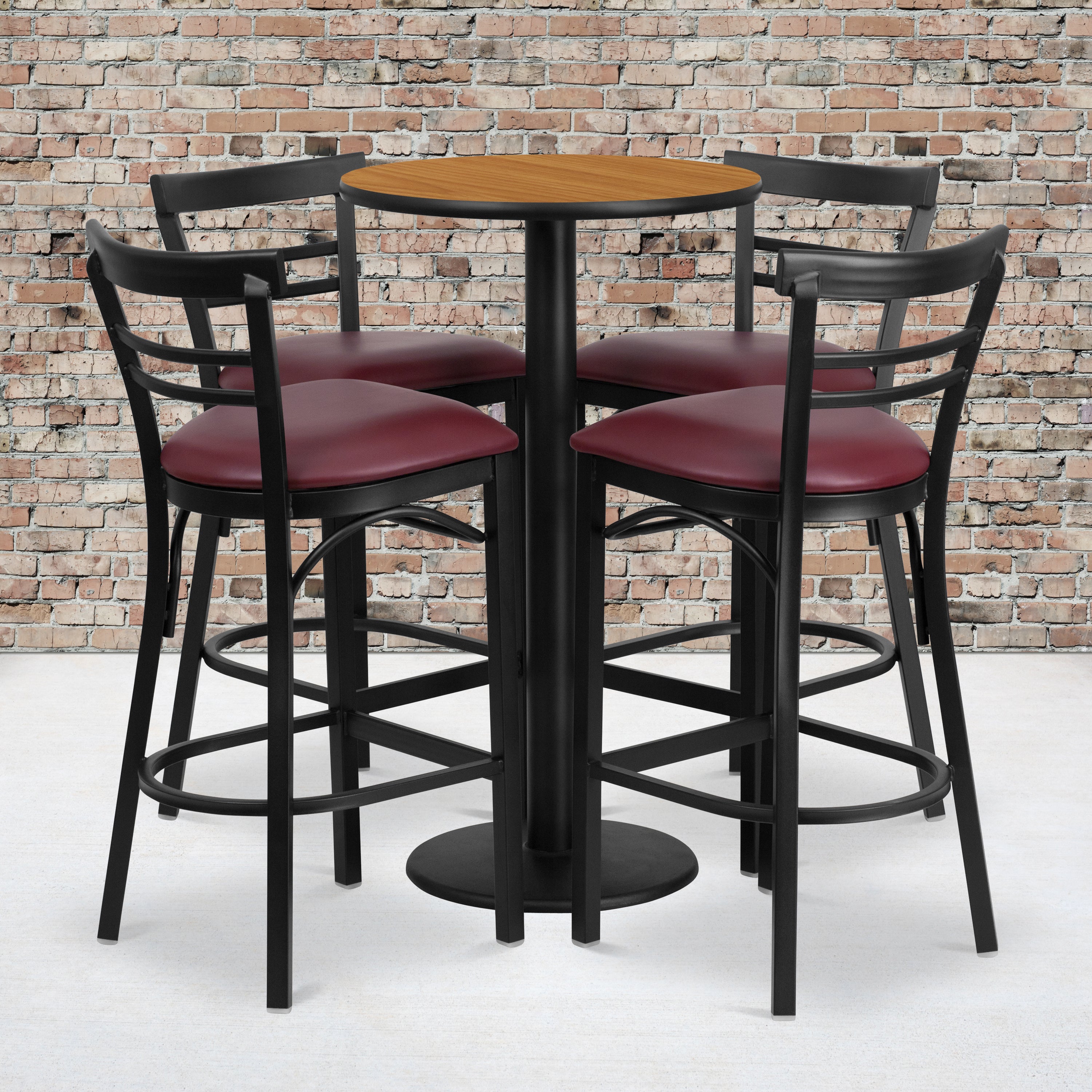 Jamie 24'' Round Natural Laminate Table Set with Round Base and 4 Two-Slat Ladder Back Metal Barstools - Burgundy Vinyl Seat