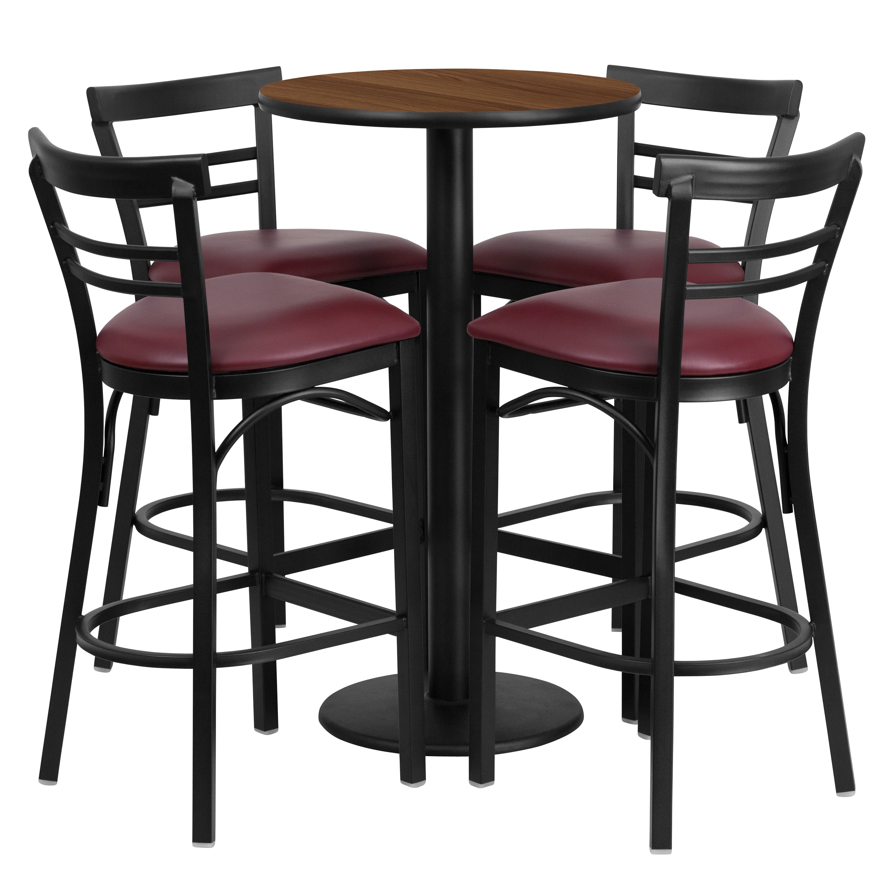 Jamie 24'' Round Walnut Laminate Table Set with Round Base and 4 Two-Slat Ladder Back Metal Barstools - Burgundy Vinyl Seat