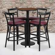 Jamie 24'' Round Walnut Laminate Table Set with Round Base and 4 Two-Slat Ladder Back Metal Barstools - Burgundy Vinyl Seat
