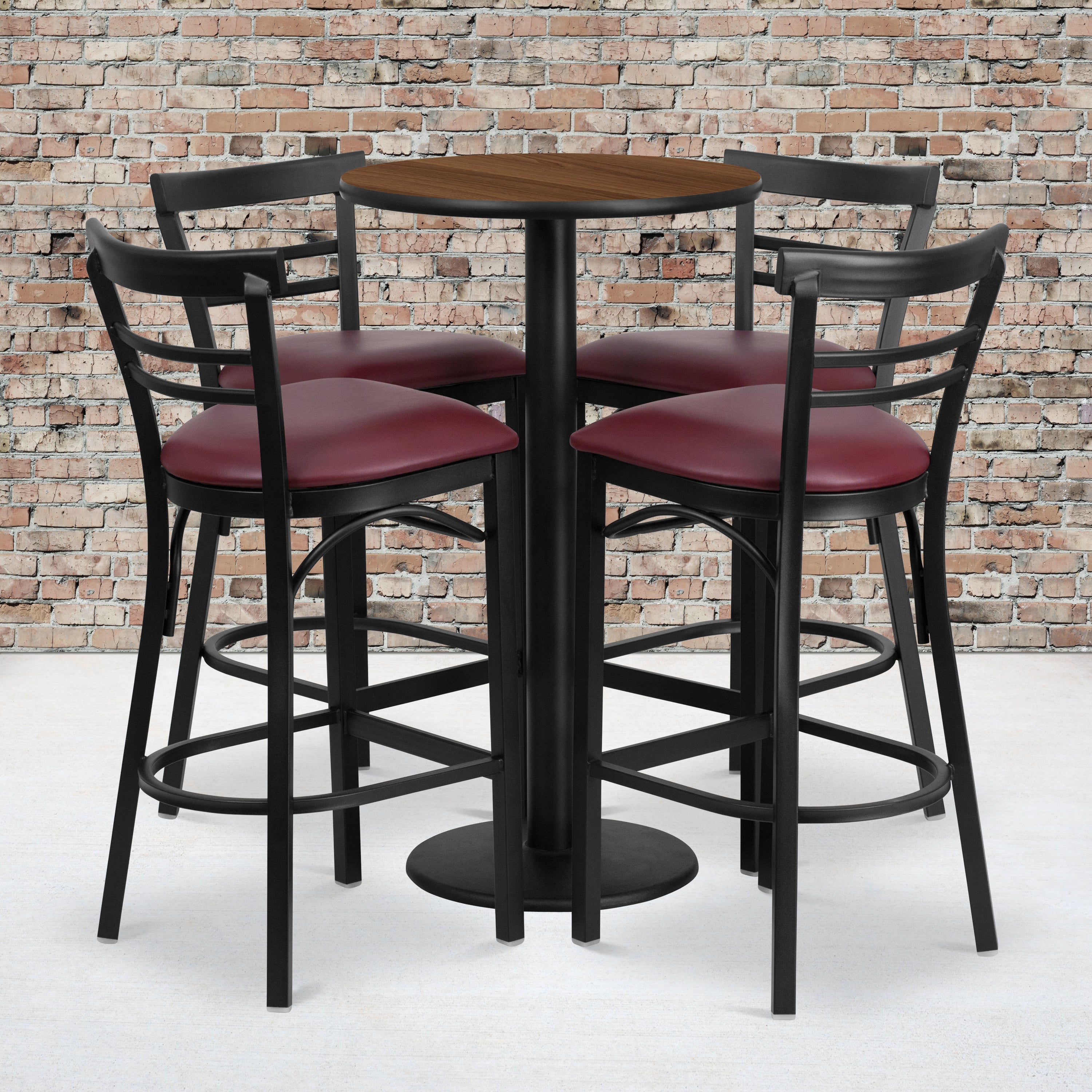 Jamie 24'' Round Walnut Laminate Table Set with Round Base and 4 Two-Slat Ladder Back Metal Barstools - Burgundy Vinyl Seat
