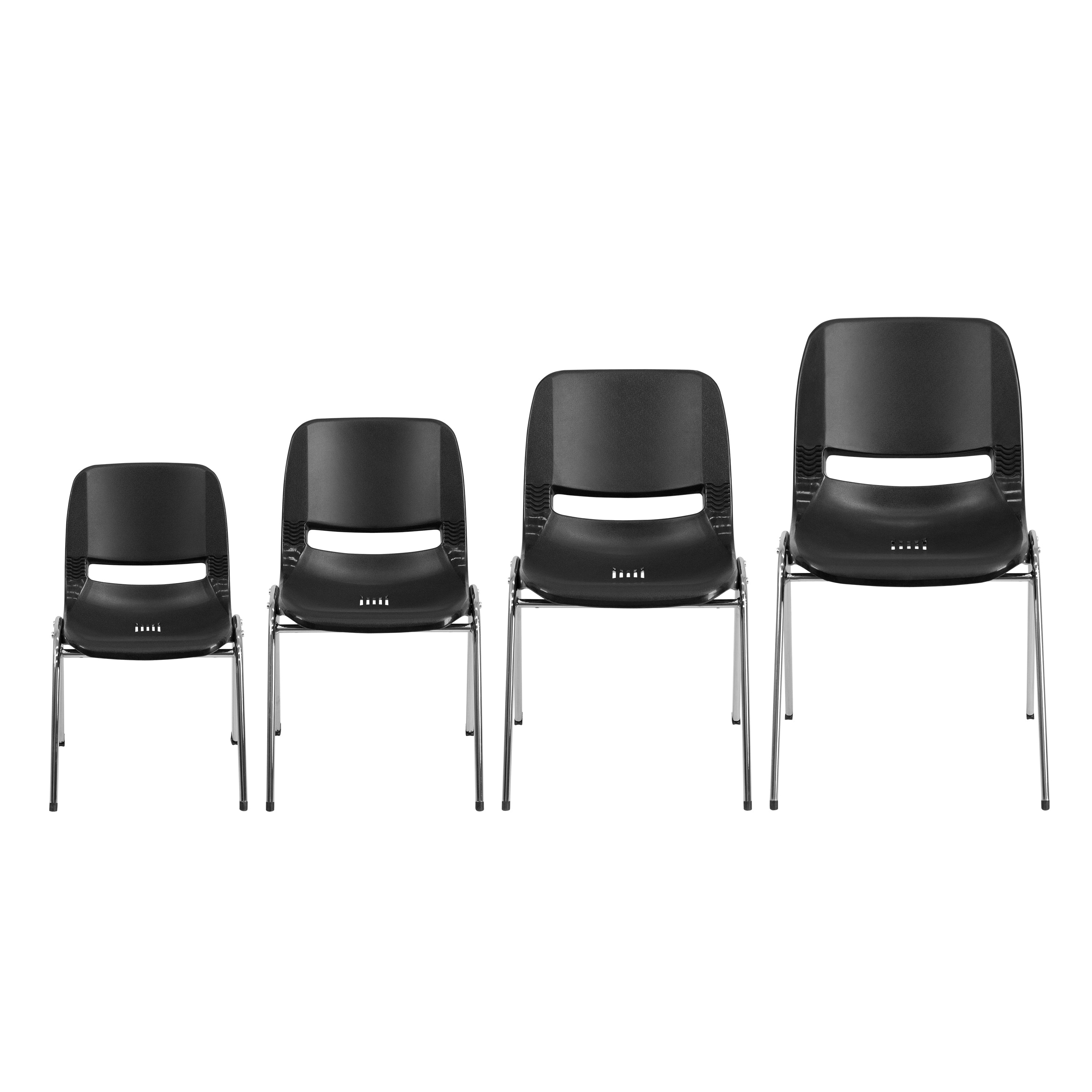HERCULES Series 440 lb. Capacity Kid's Black Ergonomic Shell Stack Chair with Chrome Frame and 14" Seat Height