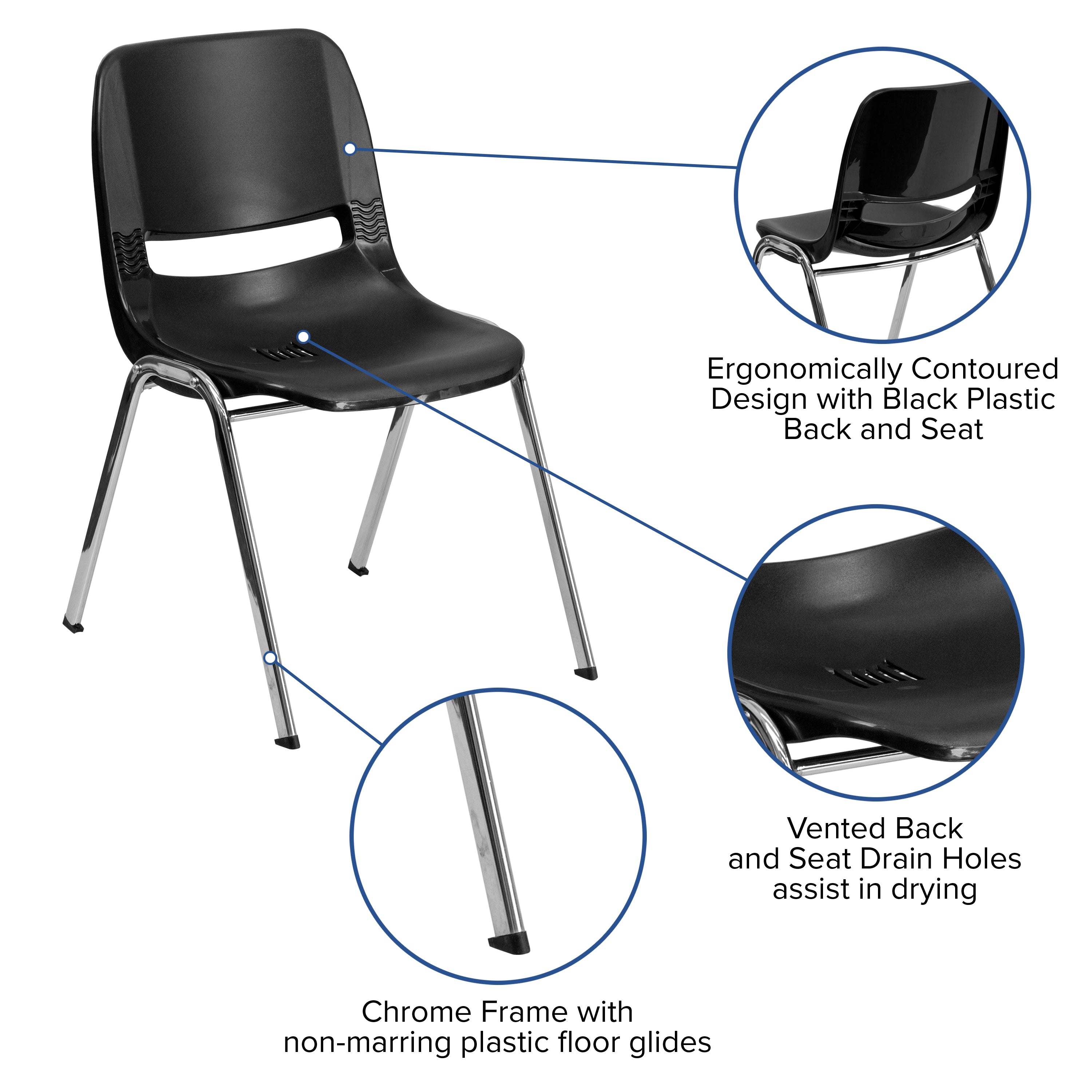 HERCULES Series 661 lb. Capacity Black Ergonomic Shell Stack Chair with Chrome Frame and 16'' Seat Height