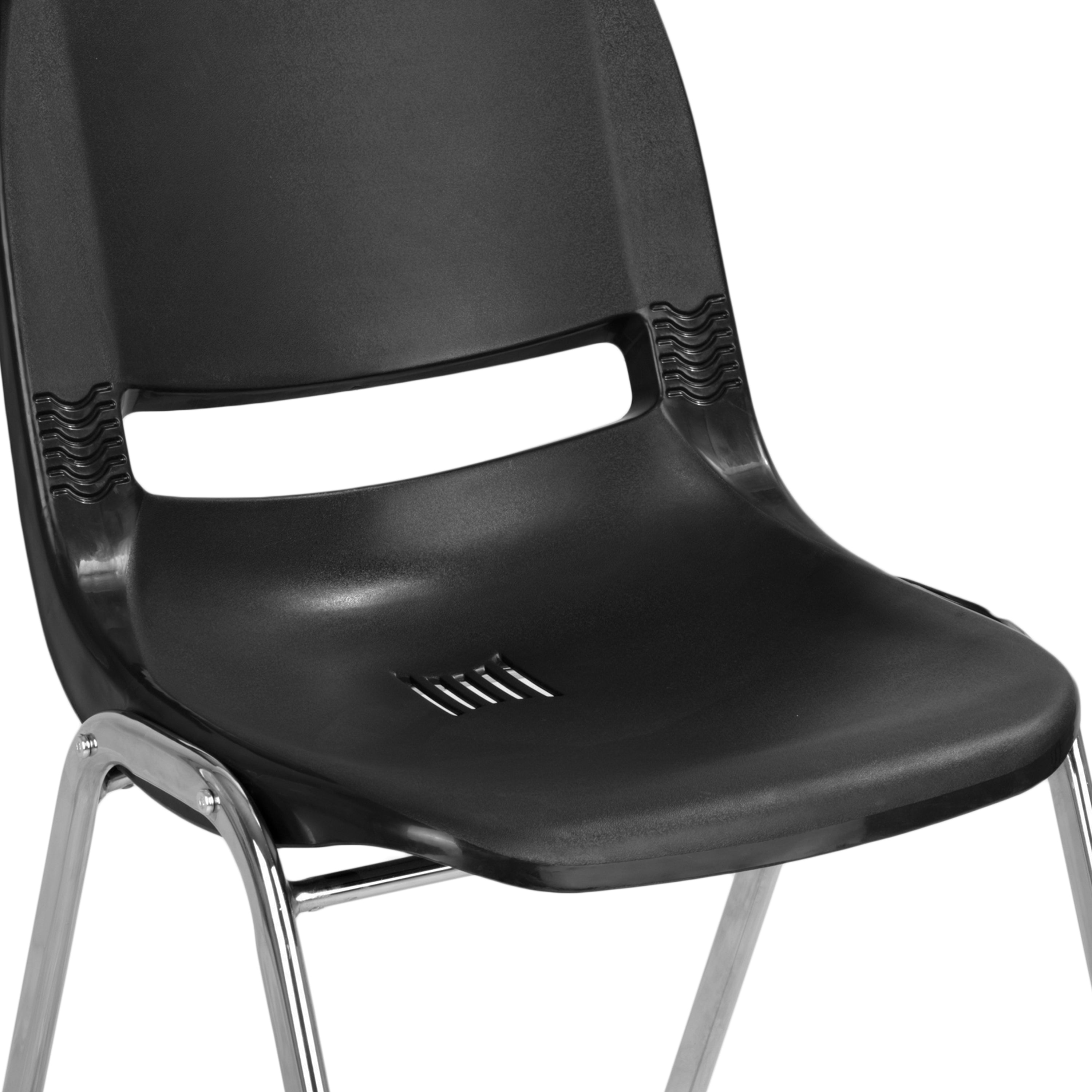 HERCULES Series 661 lb. Capacity Black Ergonomic Shell Stack Chair with Chrome Frame and 16'' Seat Height
