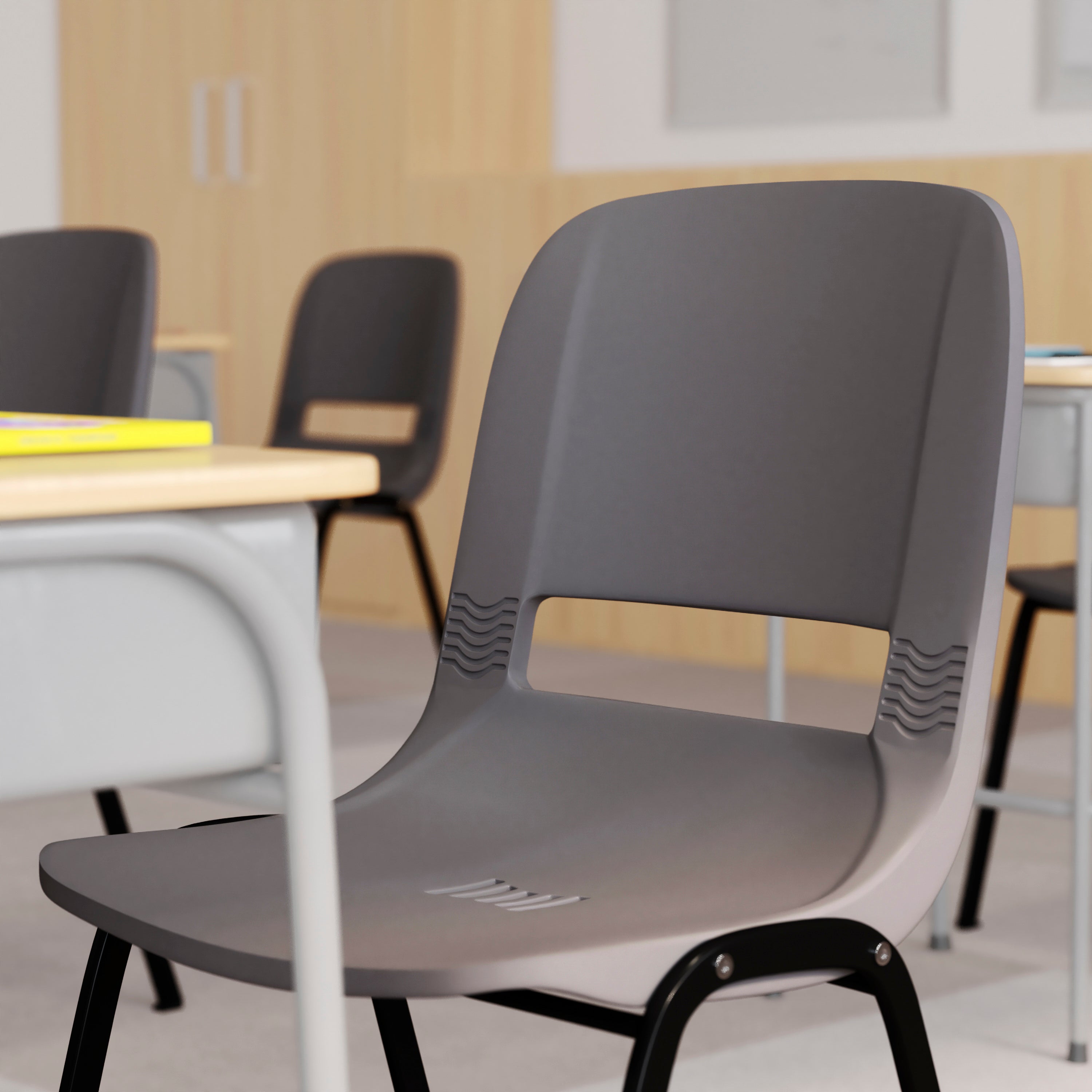 HERCULES Series 661 lb. Capacity Gray Ergonomic Shell Stack Chair with Black Frame and 16'' Seat Height