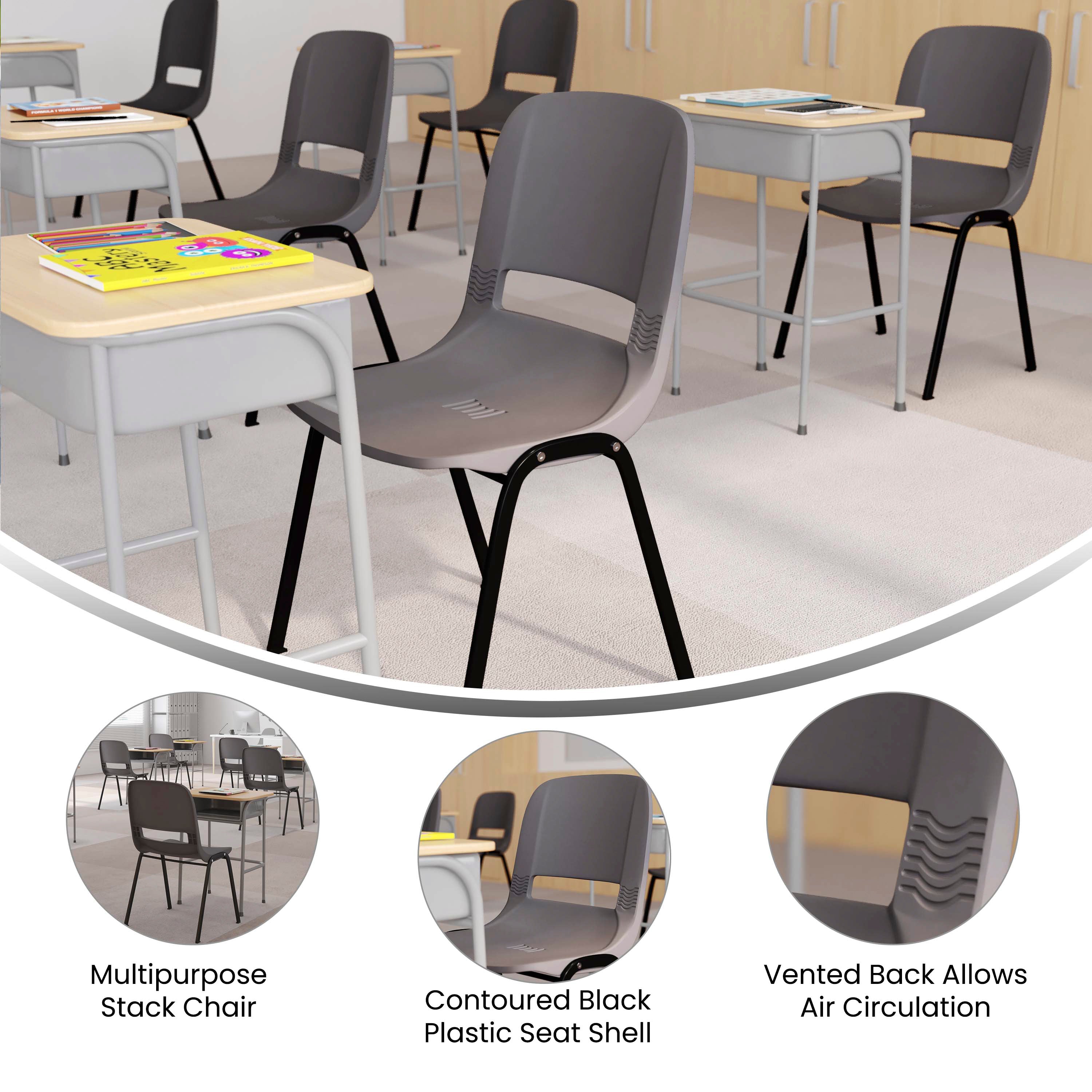 HERCULES Series 661 lb. Capacity Gray Ergonomic Shell Stack Chair with Black Frame and 16'' Seat Height