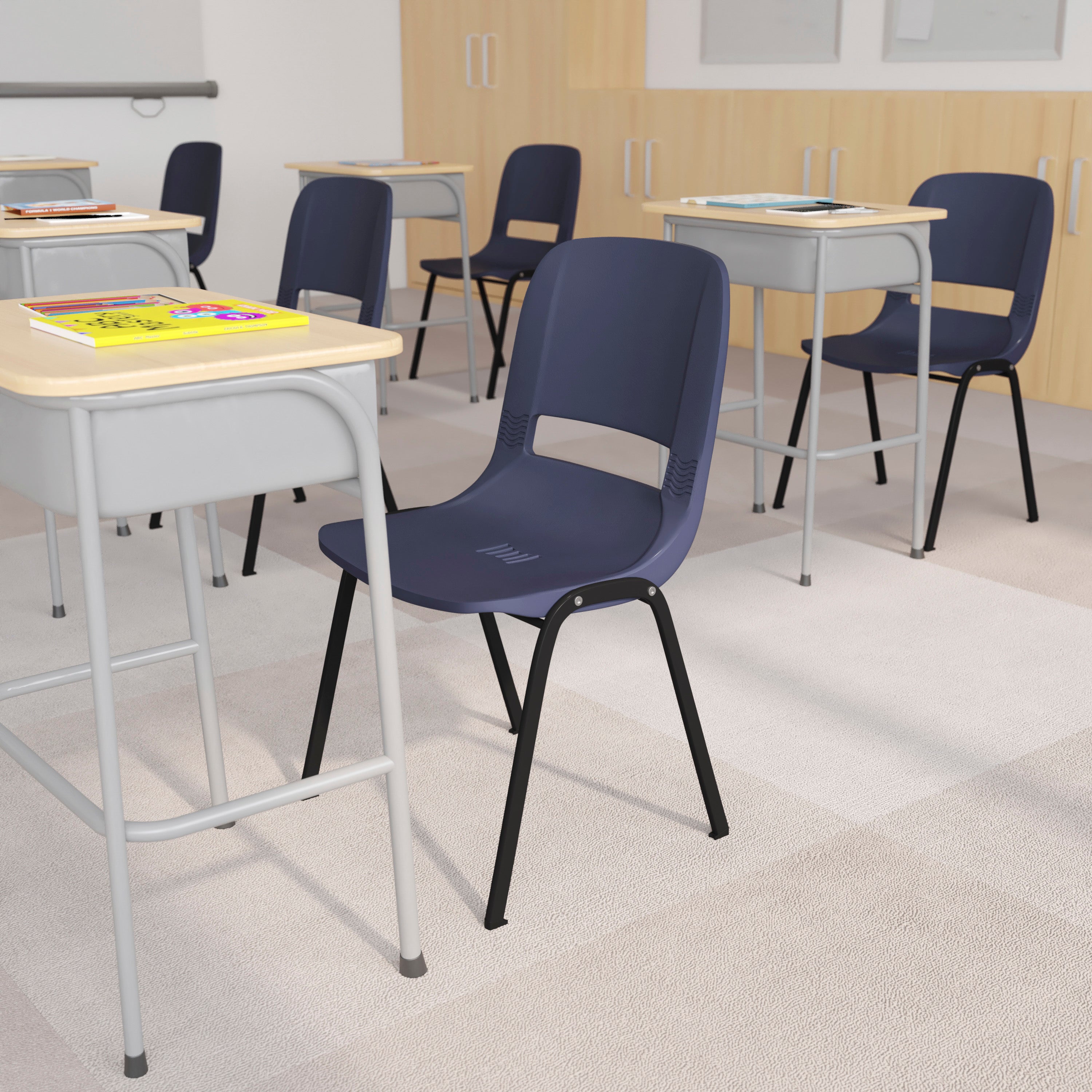 HERCULES Series 661 lb. Capacity Navy Ergonomic Shell Stack Chair with Black Frame and 16'' Seat Height