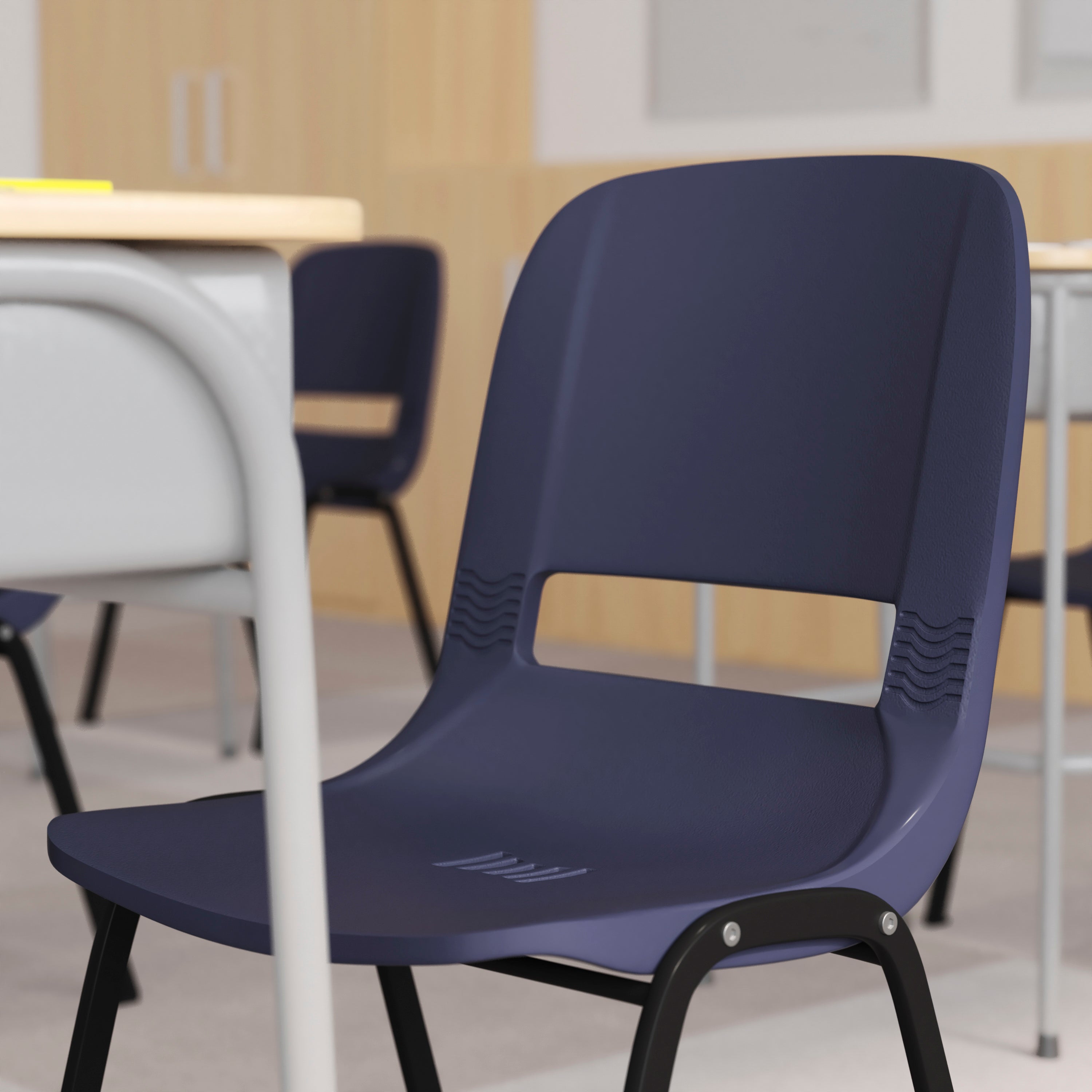 HERCULES Series 661 lb. Capacity Navy Ergonomic Shell Stack Chair with Black Frame and 16'' Seat Height