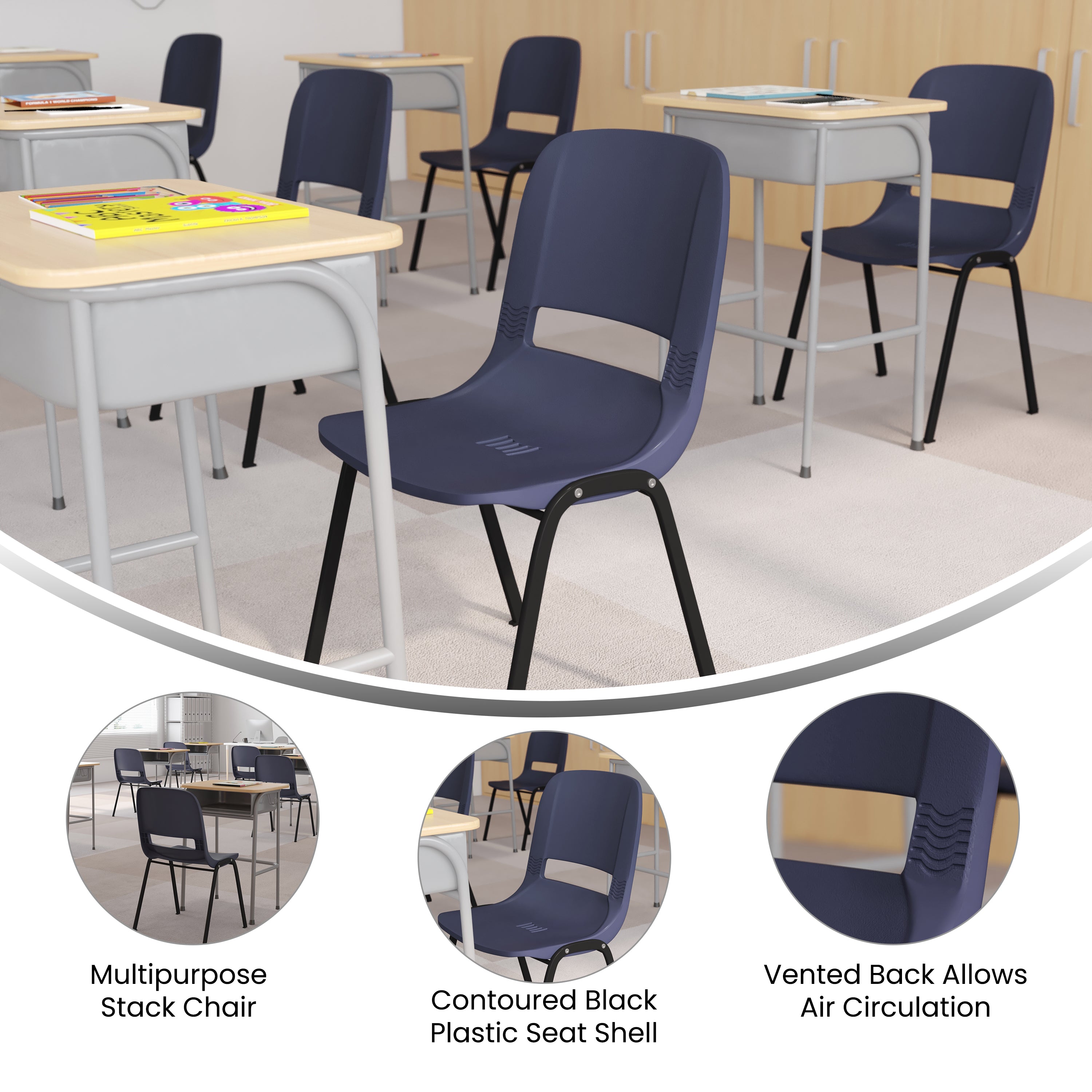 HERCULES Series 661 lb. Capacity Navy Ergonomic Shell Stack Chair with Black Frame and 16'' Seat Height