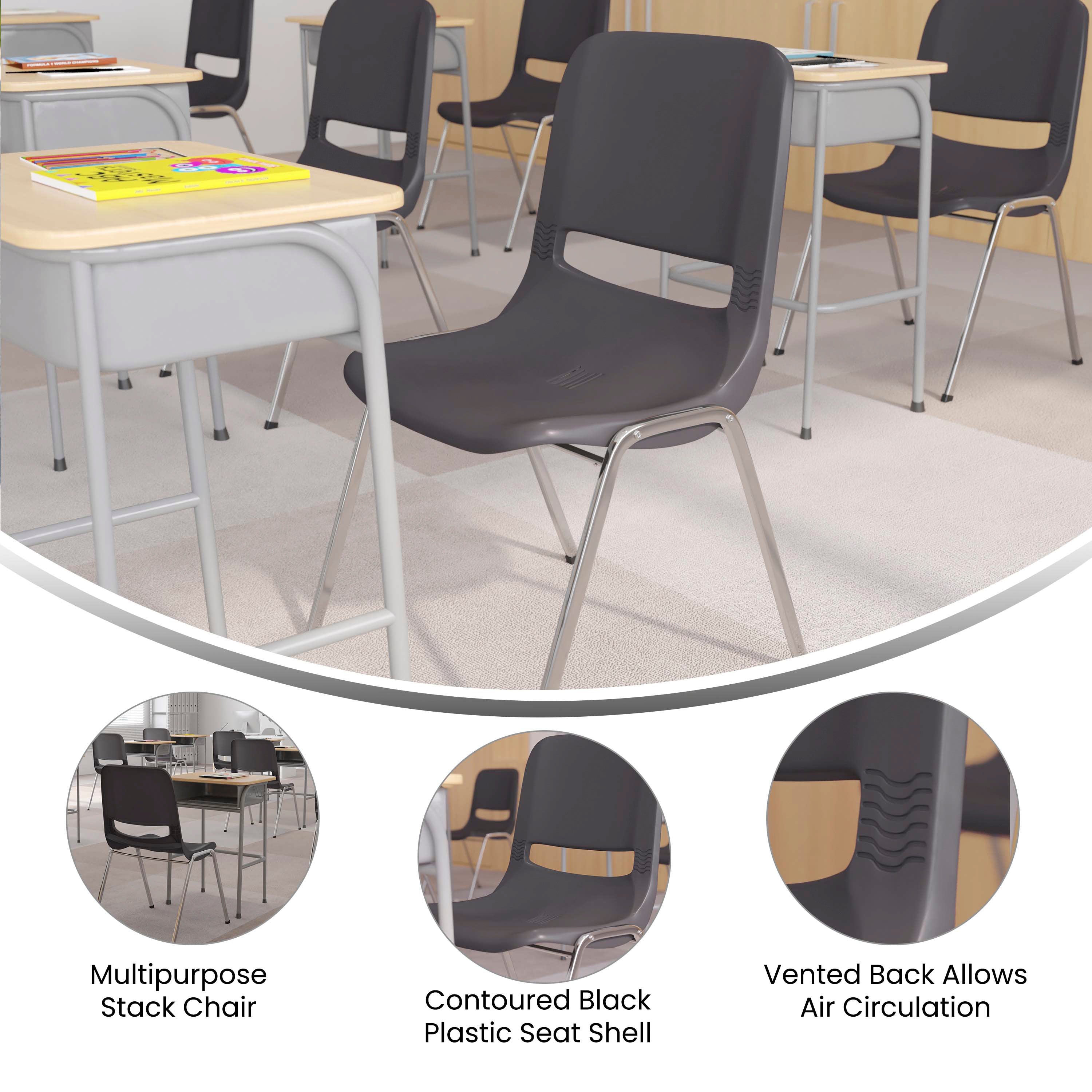 HERCULES Series 880 lb. Capacity Gray Ergonomic Shell Stack Chair with Chrome Frame and 18'' Seat Height