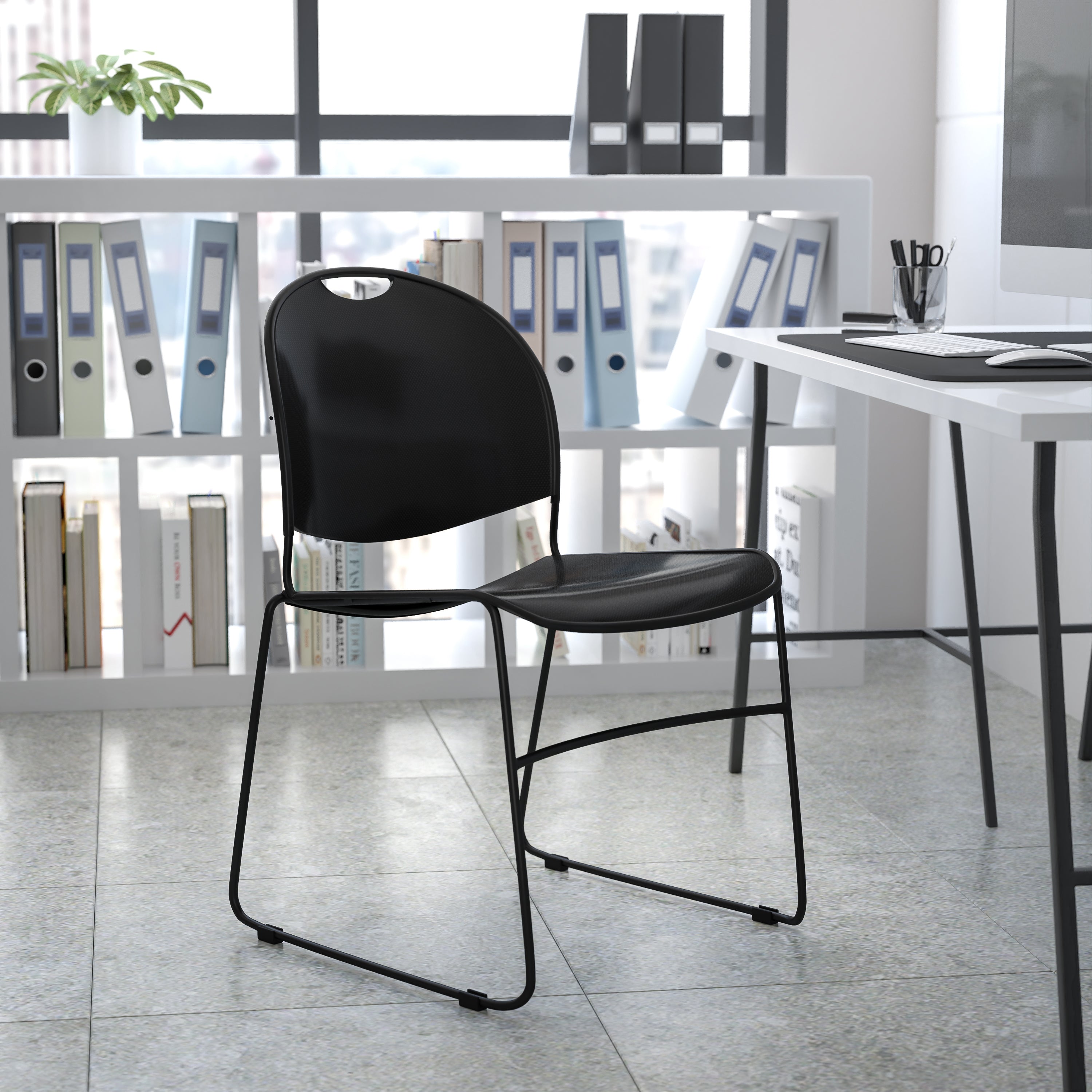 HERCULES Series 880 lb. Capacity Black Ultra-Compact Stack Chair with Black Powder Coated Frame