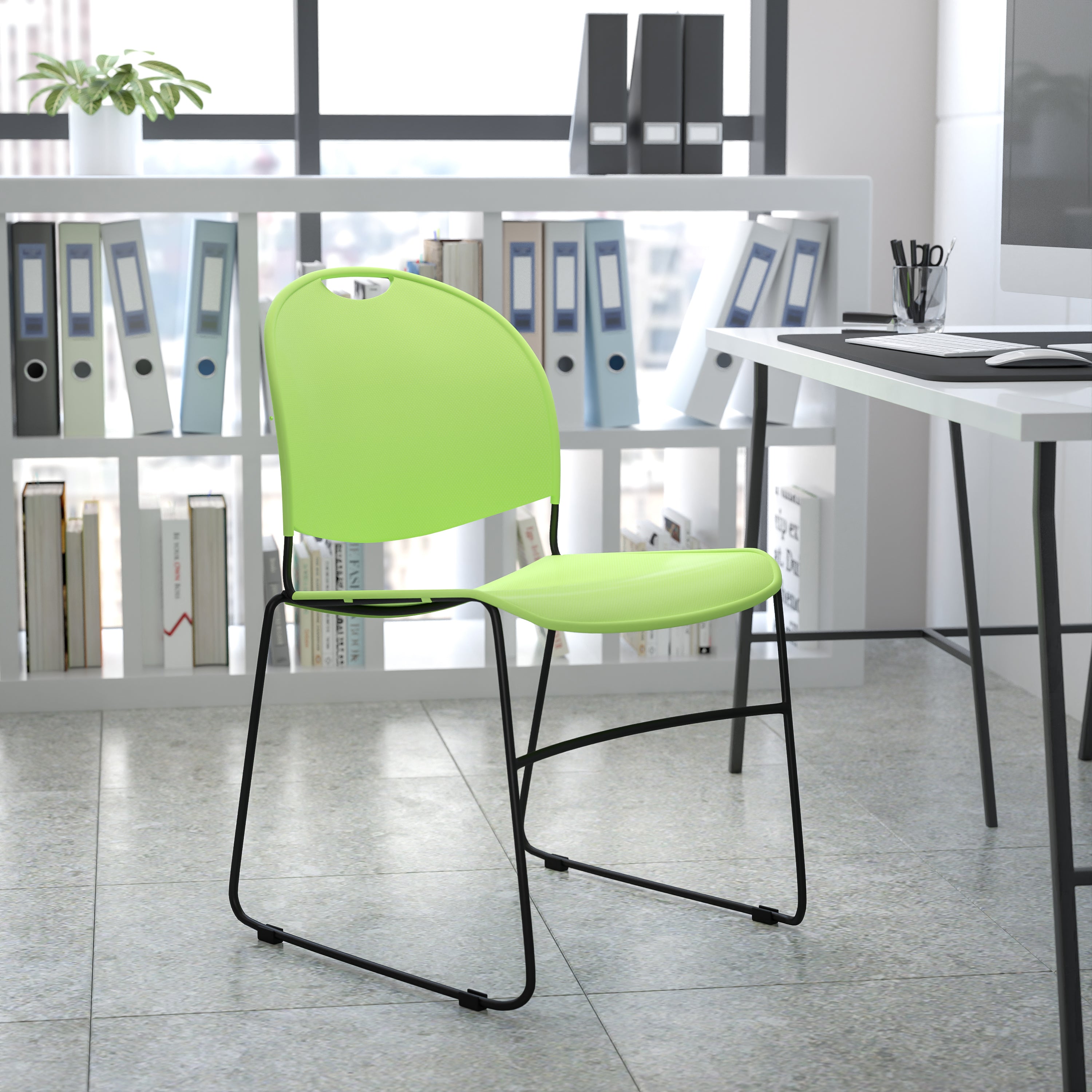 HERCULES Series 880 lb. Capacity Green Ultra-Compact Stack Chair with Black Powder Coated Frame