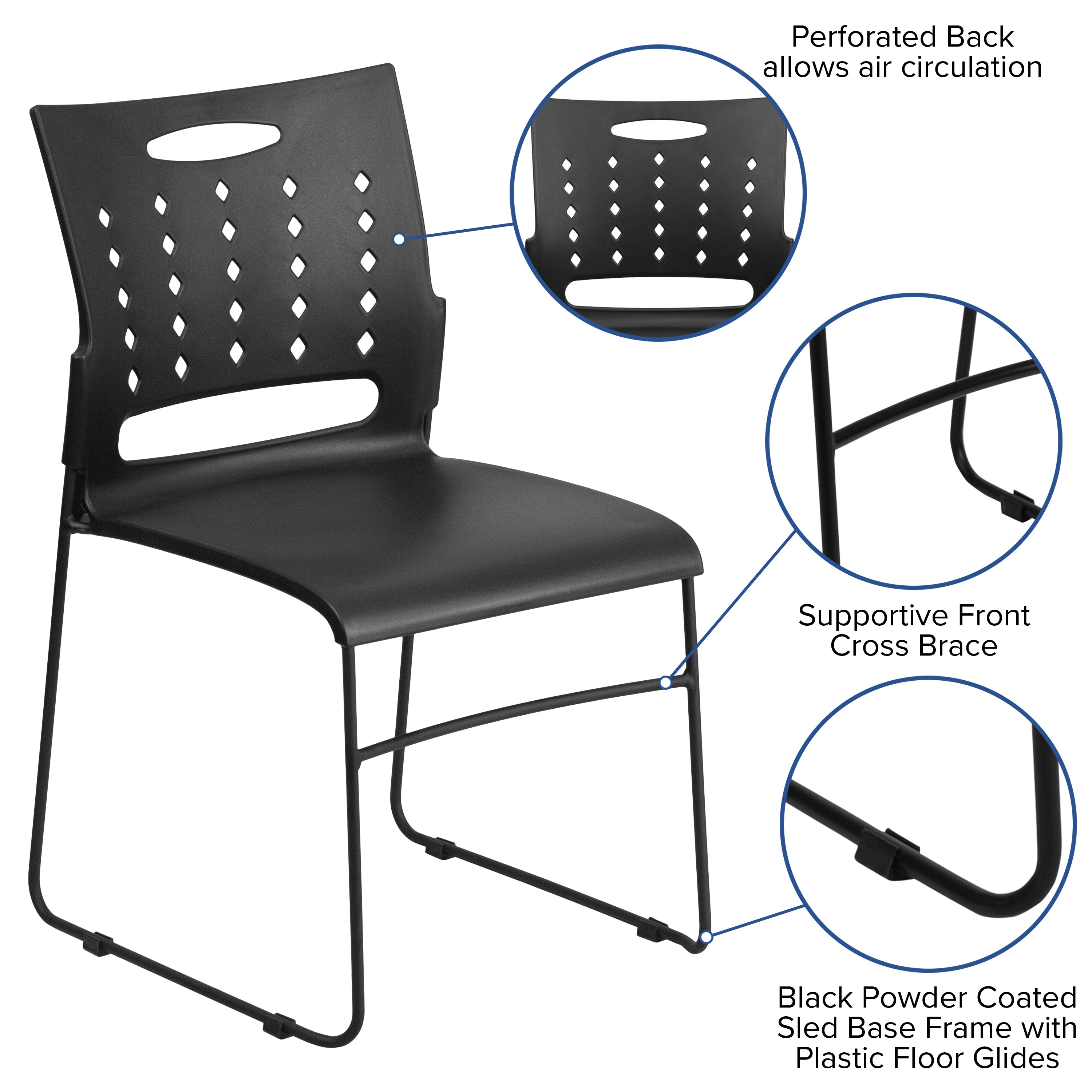 HERCULES Series 881 lb. Capacity Black Sled Base Stack Chair with Air-Vent Back