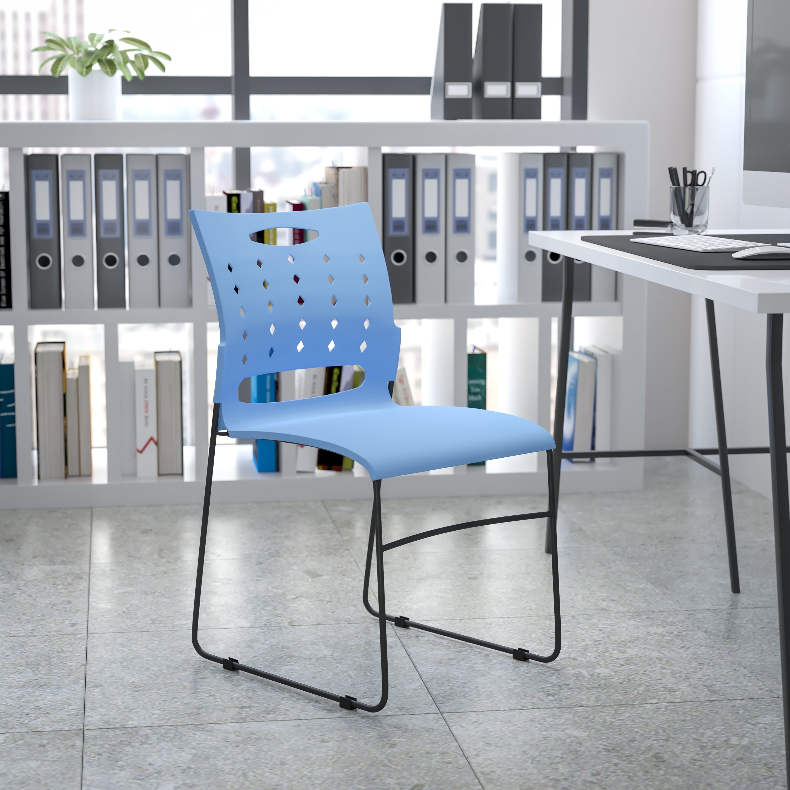 HERCULES Series 881 lb. Capacity Blue Sled Base Stack Chair with Air-Vent Back