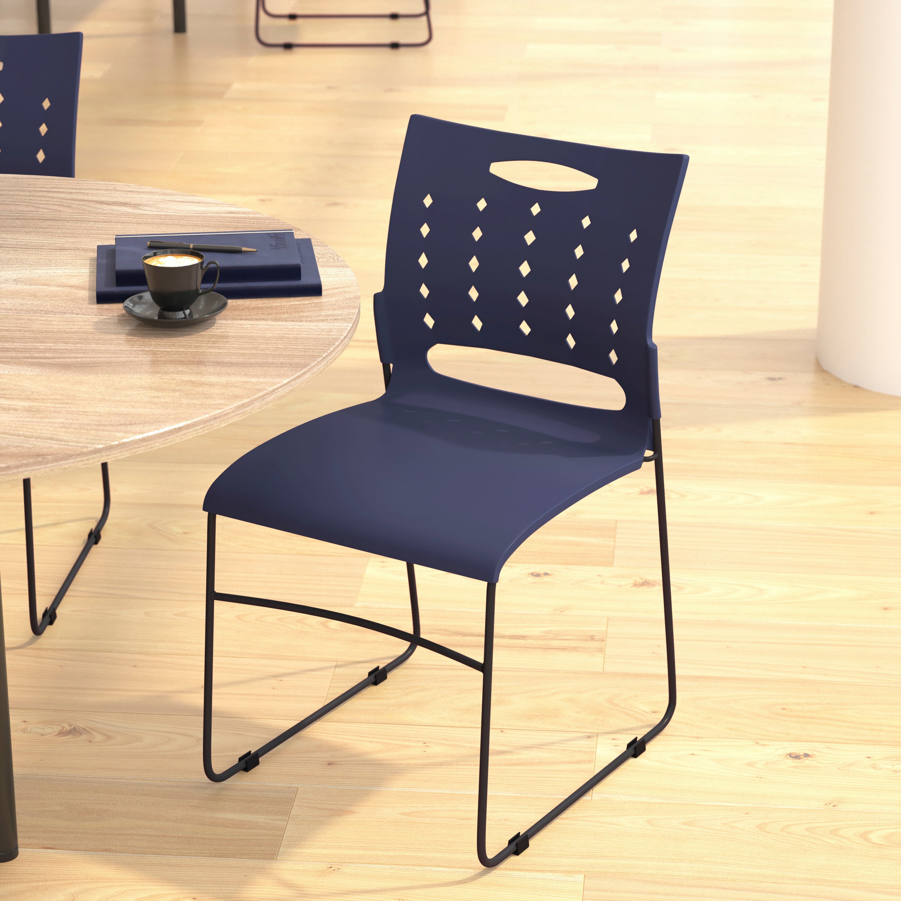 HERCULES Series 881 lb. Capacity Navy Sled Base Stack Chair with Air-Vent Back