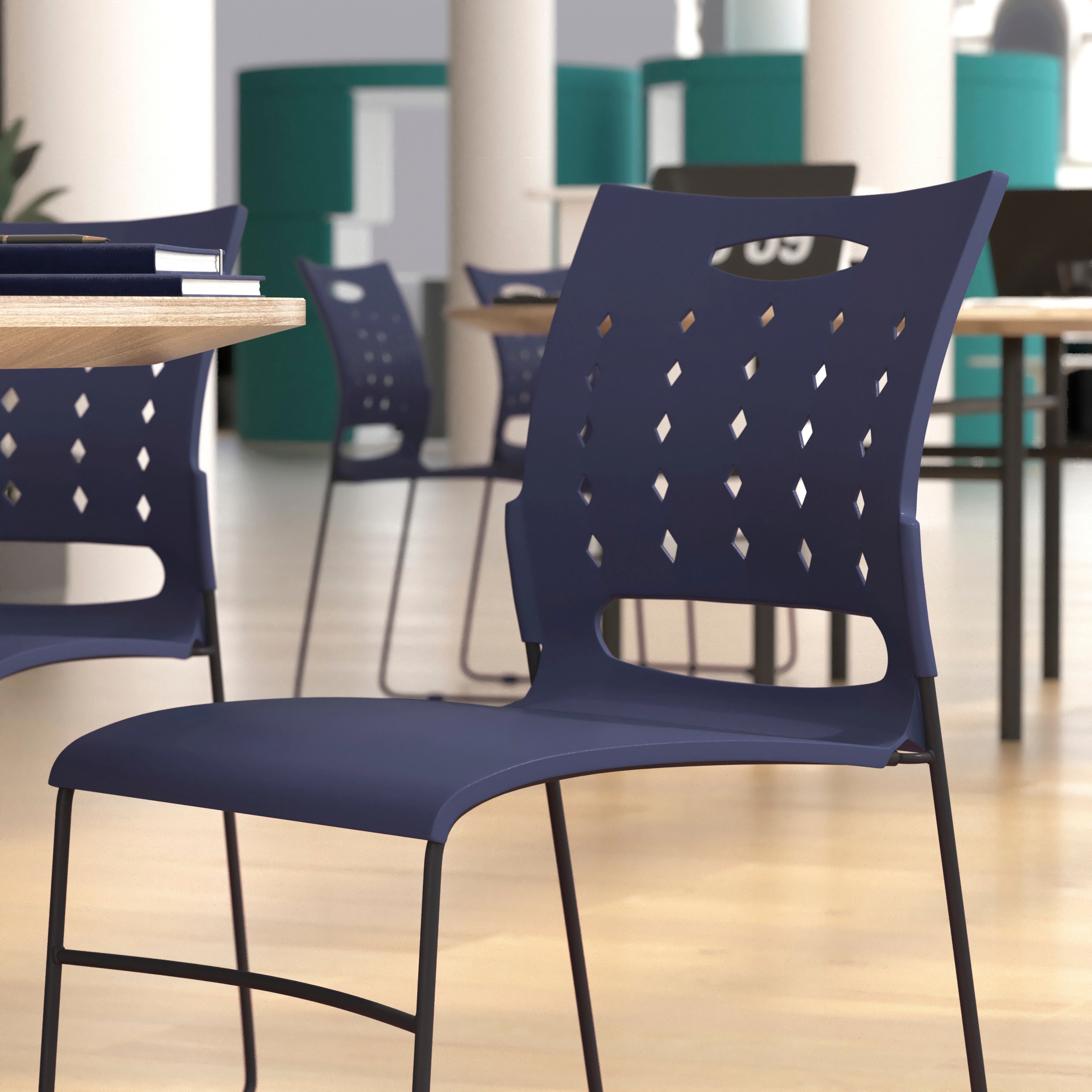 HERCULES Series 881 lb. Capacity Navy Sled Base Stack Chair with Air-Vent Back