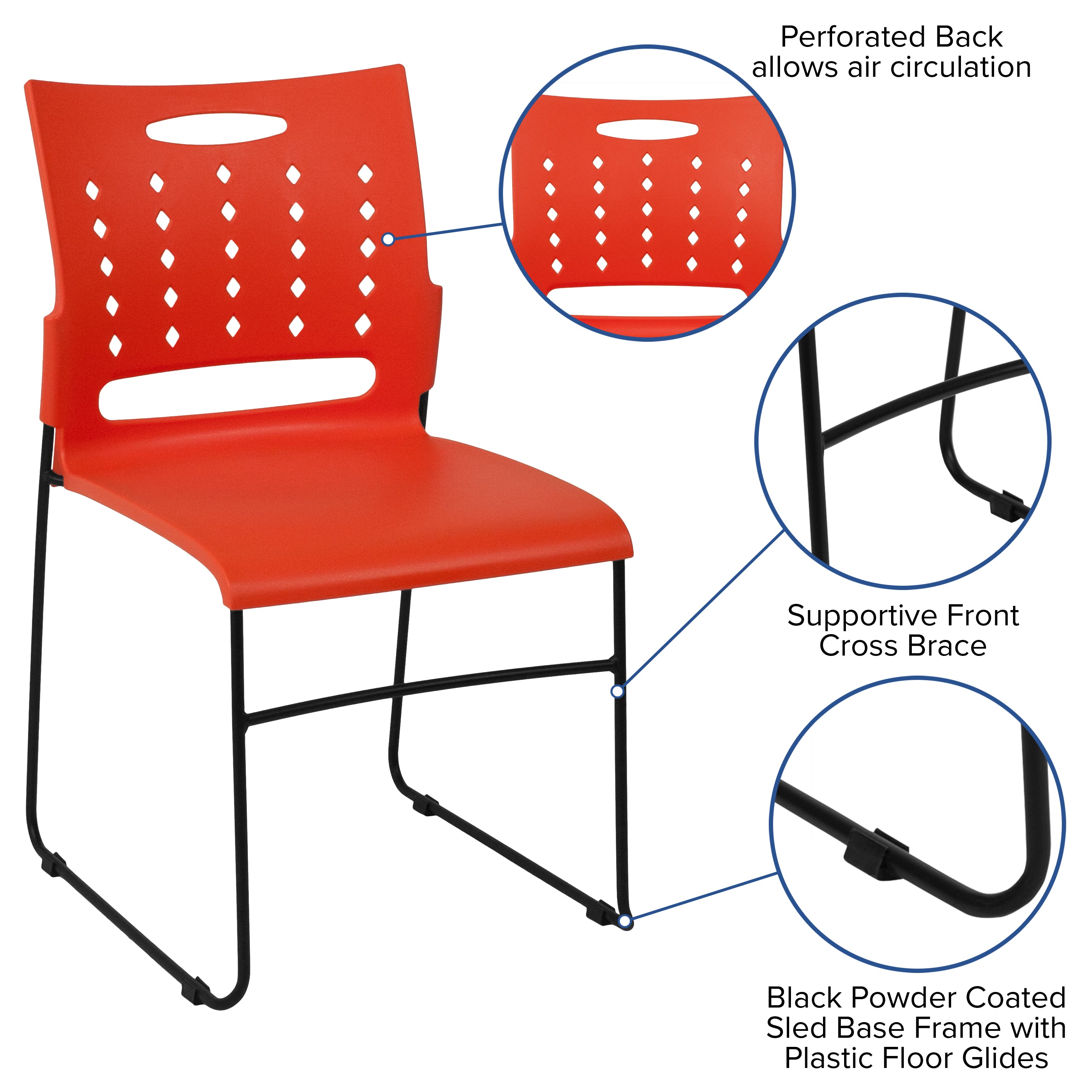 HERCULES Series 881 lb. Capacity Orange Sled Base Stack Chair with Air-Vent Back