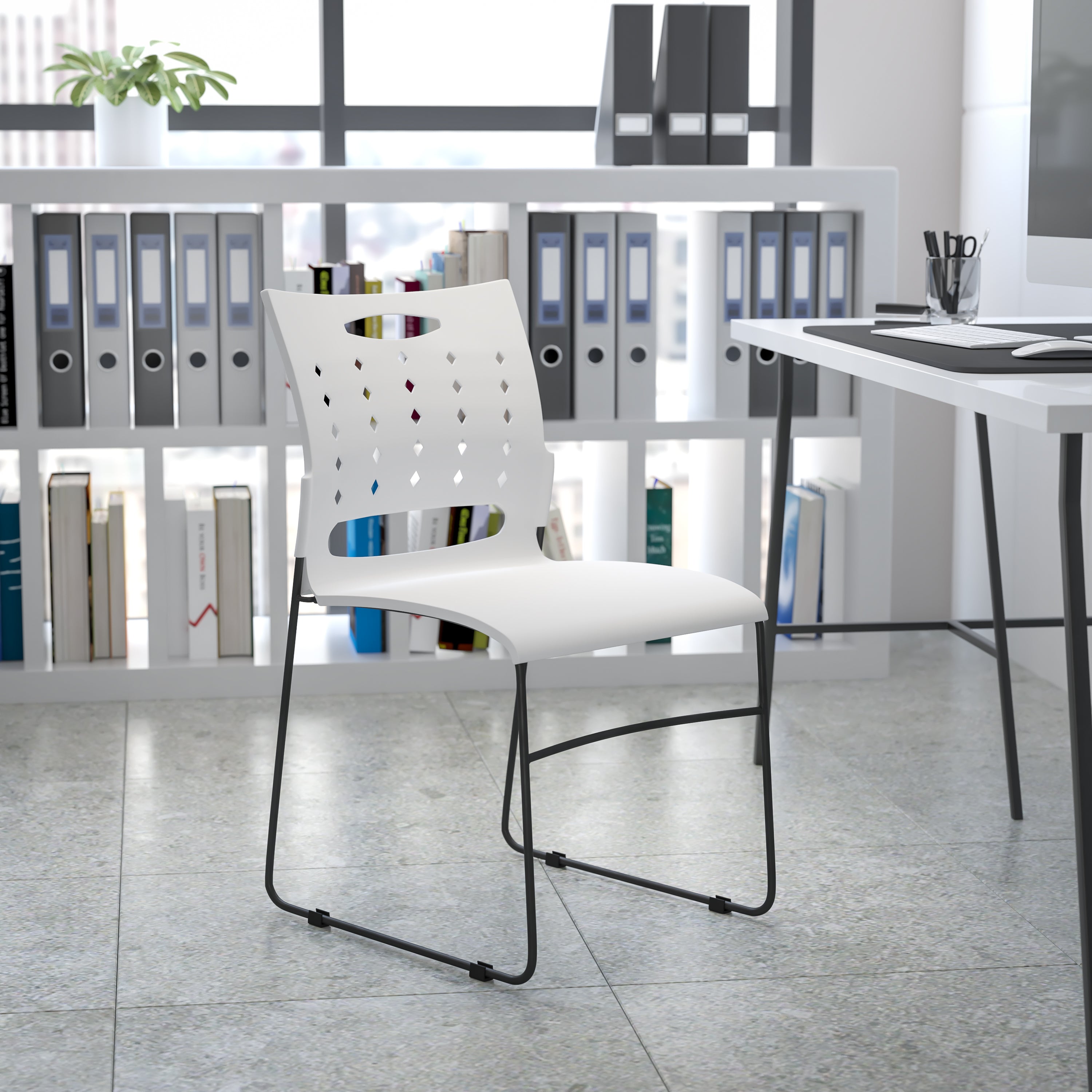 HERCULES Series 881 lb. Capacity White Sled Base Stack Chair with Air-Vent Back